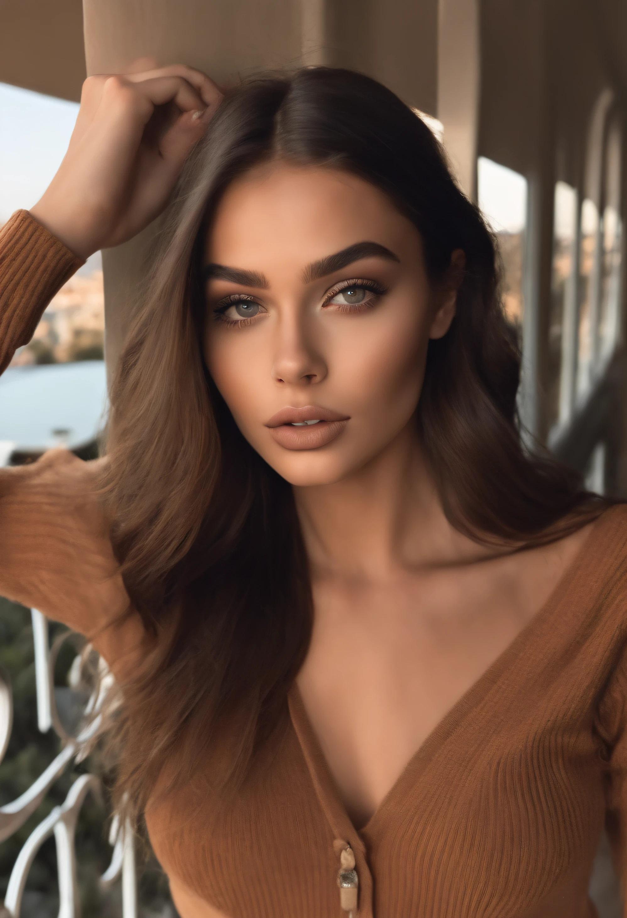 Arafed mujer con ropa negra, Chica sexy con ojos marrones, Retrato Sophie Mudd, brown hair and large eyes, selfie de una mujer joven, Ojos del dormitorio, Violeta Myers, sin maquillaje, Maquillaje natural, staring directly into camera, cara con artgram, maquillaje sutil, Impresionante foto de cuerpo completo, on a balcony with mountains behind her, escote