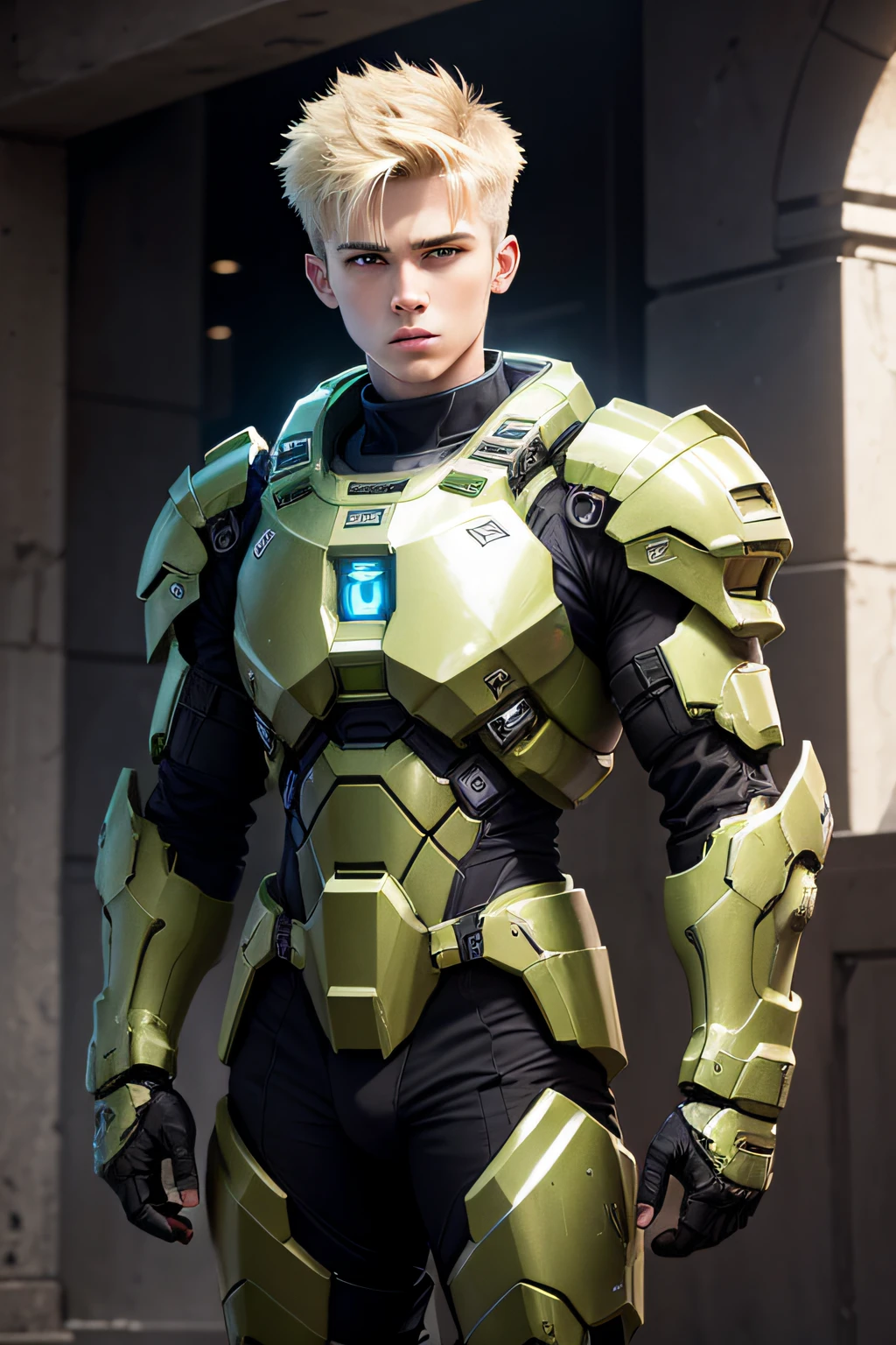 18 years old blonde man in Halo spartan armour - dark angel themed - hiper detalle