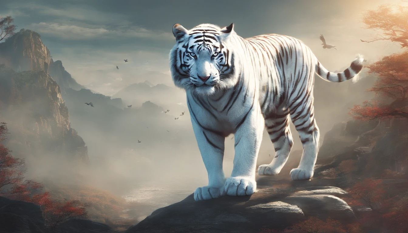 Chinese mythology,the white tiger,with light glowing,Glow effects,the night,中景 the scene is,Full body like, highly detailed surreal vfx,oc rendered,Shoot with 70 mm - AR