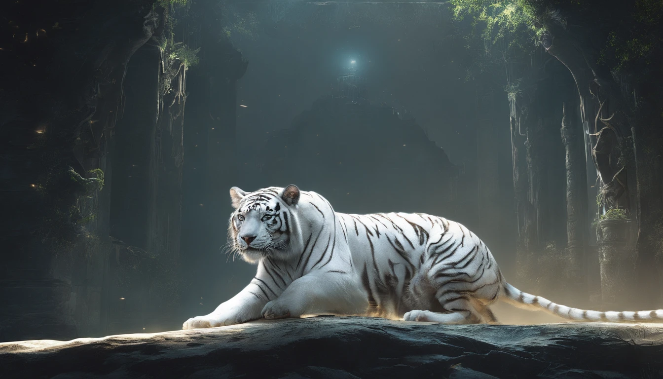 Chinese mythology，the white tiger，with light glowing，Glow effects，the night，中景 the scene is，Full body like， highly detailed surreal vfx，oc rendered，Shoot with 70 mm - AR