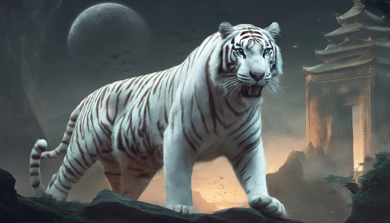 Chinese mythology,the white tiger,with light glowing,Glow effects,the night,中景 the scene is,Full body like, highly detailed surreal vfx,oc rendered,Shoot with 70 mm - AR