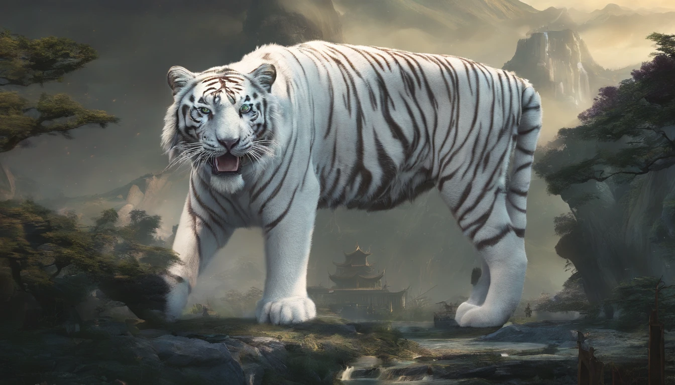 Chinese mythology,the white tiger,with light glowing,Glow effects,the night,中景 the scene is,Full body like, highly detailed surreal vfx,oc rendered,Shoot with 70 mm - AR