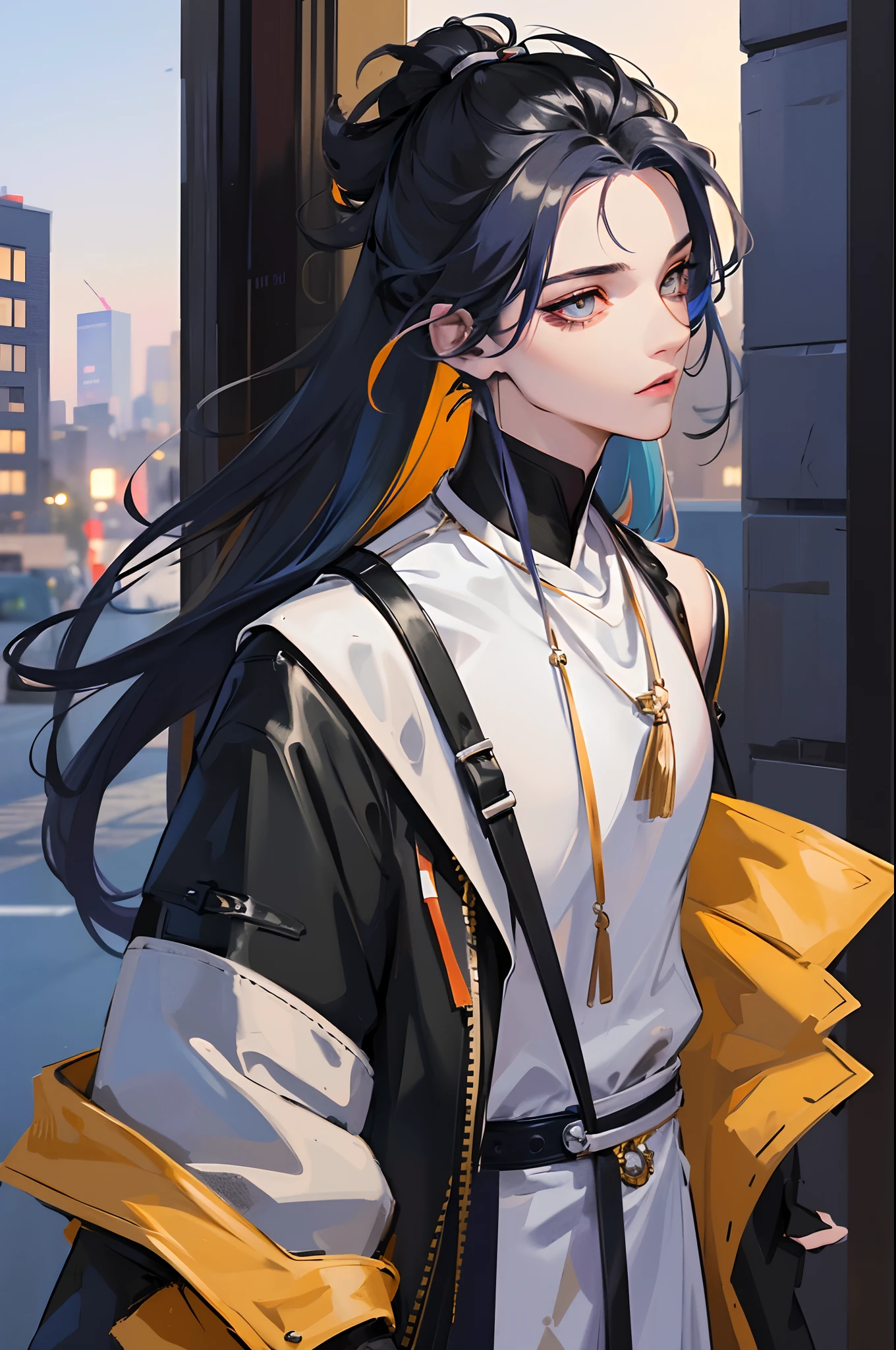 topquality　tmasterpiece, Handsome guy, Guy, Young man, Unusual hairstyle with shaved temples, colored strands of hair, in fashionable streetwear, Modern fashion, oversize clothes, Cool Look, Unusual viewing angle, Dynamic posture, in full height, Background: Beautiful streets of the city, Realistic beautiful lighting