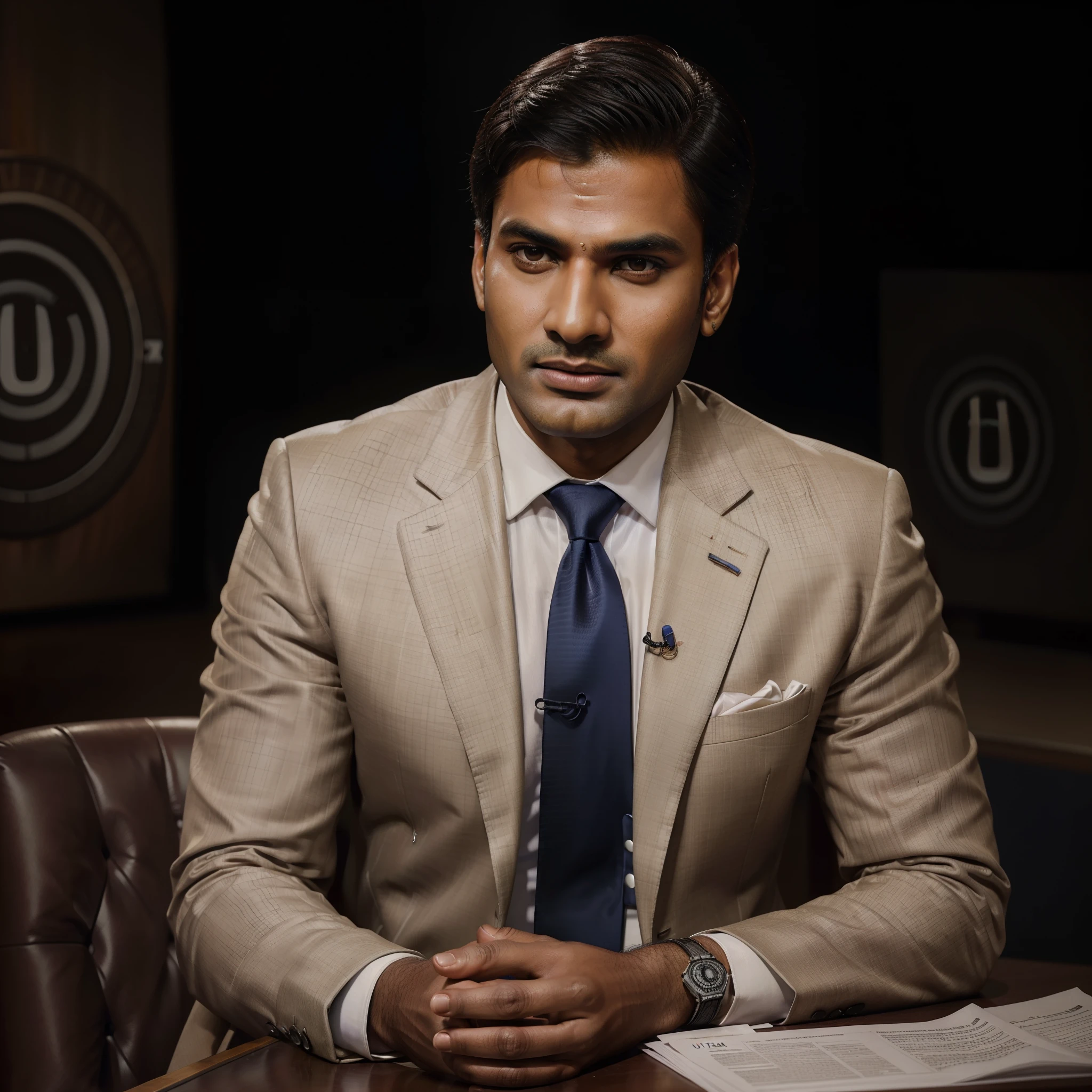 (best quality,realistic,studio),very handsome(indian looking) man(news anchor),professional suits with tie(news studio),(portrait:1.2),((ultra realistic:1.8)),((Best quality)), ((Masterpiece)),((Detailed)),Face focus,RAW, 16k, hard light, realistic skin texture, (((photorealism))), HDR,((neutral colors),