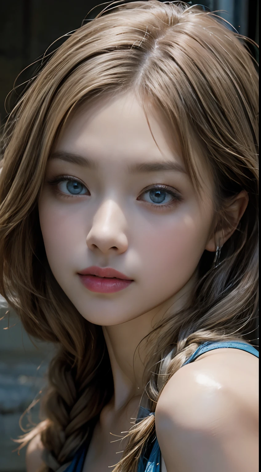 (8K、top-quality、masterpiece:1.2)、(realisitic、Photorealsitic、Photorealsitic:1.37)、top-quality、masterpiece、white hair、White hair、Blue eyes、Blue eyes、look up to、Hair strands、light skinned、Braids、超A high resolution、extremely detailed eye and face、8K high-quality detail art、small tits、very small breasts、Slimed、A slender、Model body type