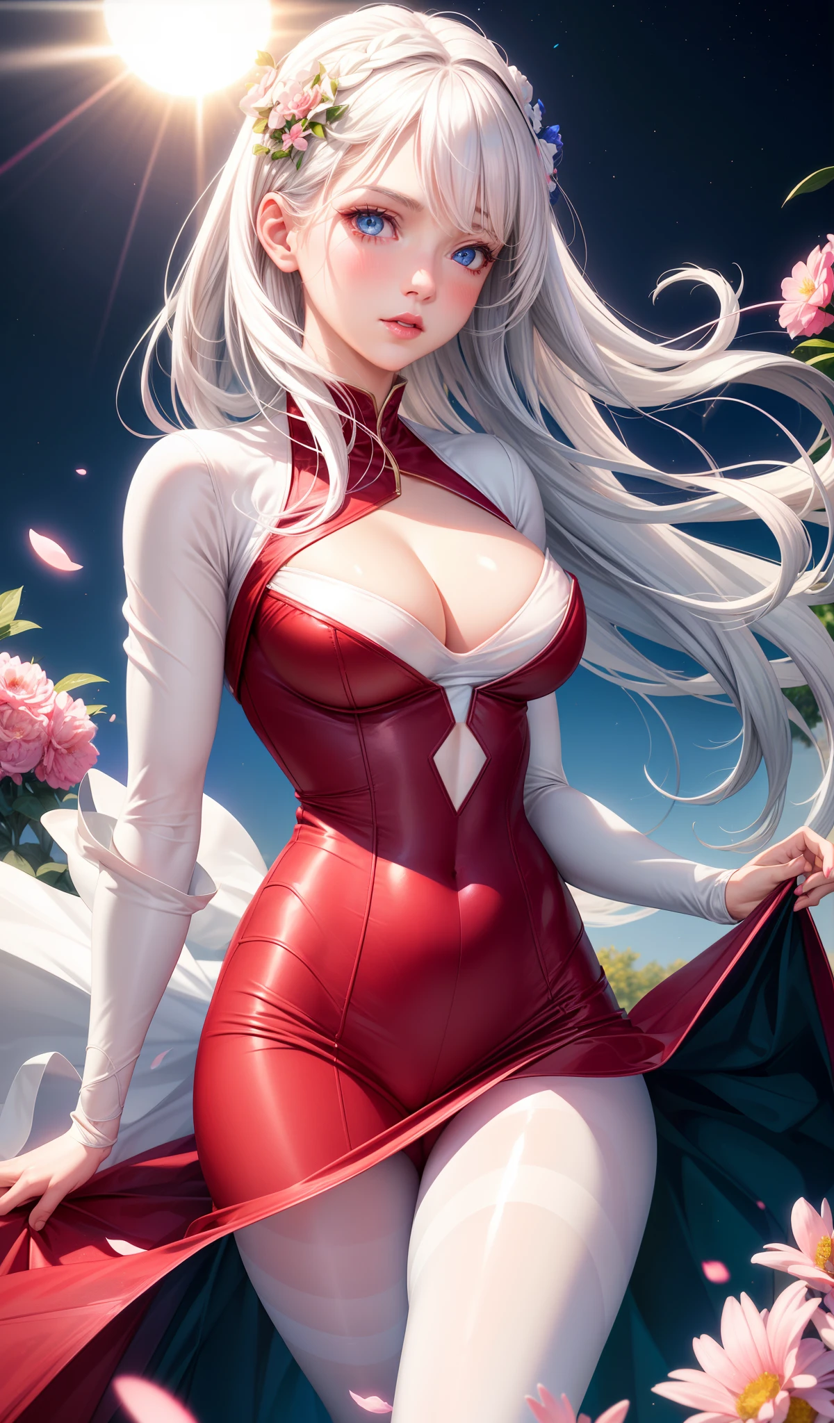 realistic, 1girl, white hair, Blue eyes, glowing eyes, bodysuit, Red skirt, Pink pantyhose ,parted lips, blush, night, flowers, sun, sunlight,