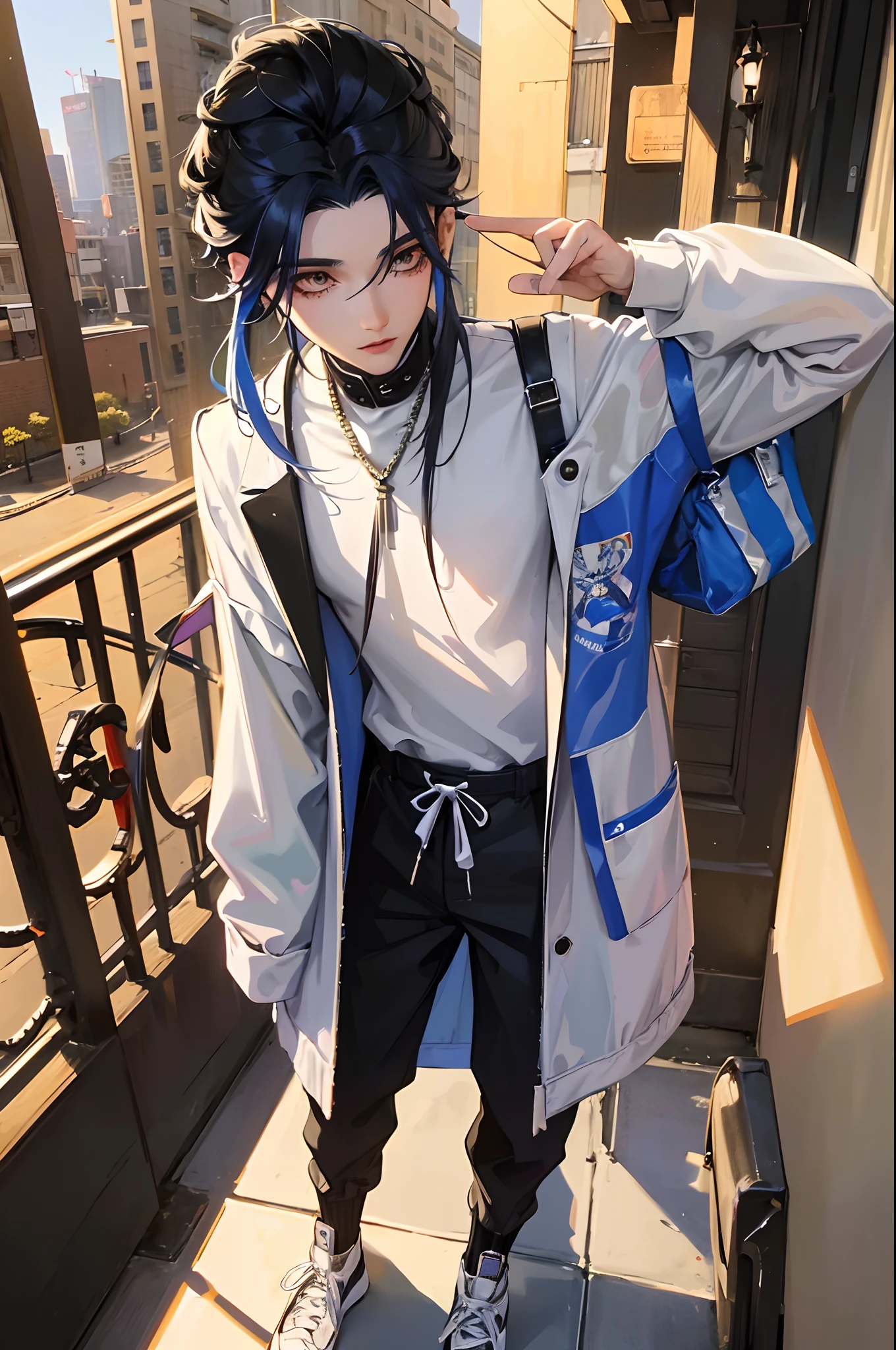 topquality　tmasterpiece, Handsome guy, Guy, Young man, Unusual hairstyle with shaved temples, colored strands of hair, in fashionable streetwear, Modern fashion, oversize clothes, Cool Look, Unusual viewing angle, Dynamic posture, in full height, Background: Beautiful streets of the city, Realistic beautiful lighting
