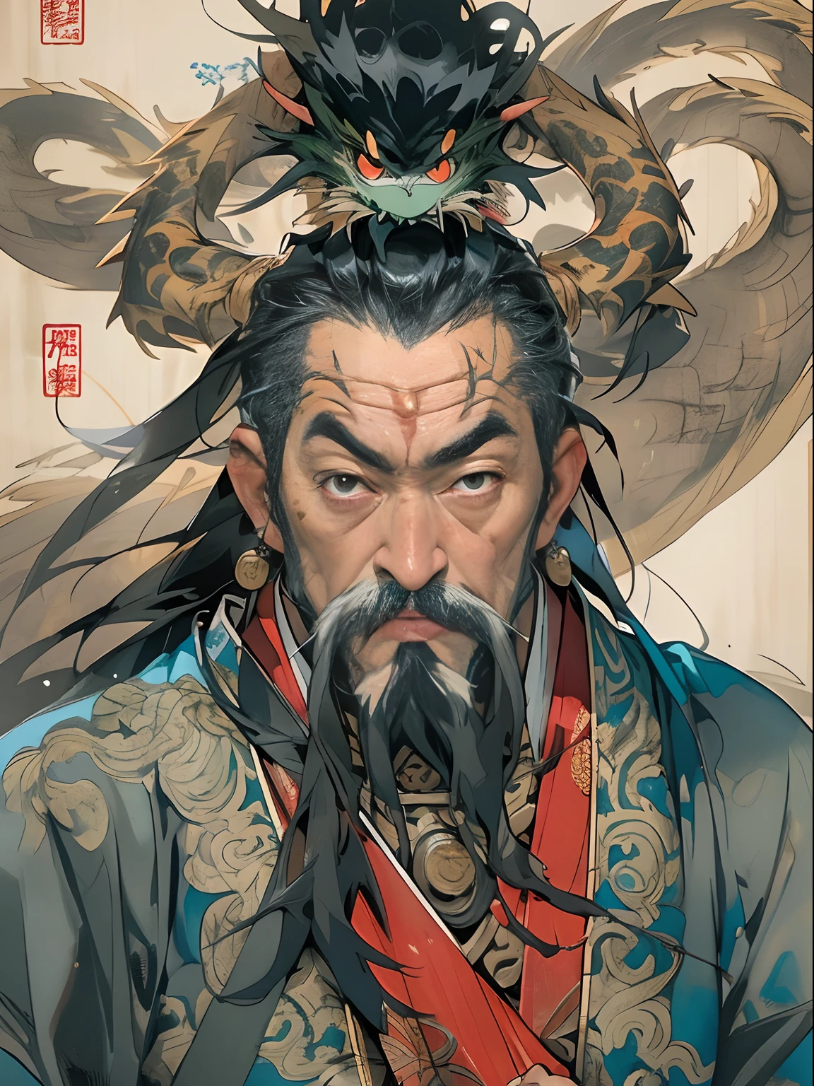 (((China-style,Ink painting method,Half-length portrait,Intense color,Han dynasty, China,Hanfu,Armor,Guan yu,Guan Yunchang,of a guy,Ruddy killing square face,Hold the Blue Dragon Moon Knife in his right hand,Stroke your beard with your left hand,Long hair,petty eyes,Green robe))), (((best qualityer))), (((tmasterpiece))), (((AS-Adult))), ((( Japanese ))), Look up from your knees, Handsome Asian samurai,perfect body figure, Modern samurai, ((( Asian))), Wear gloves on your hands,The left arm is made of steel and metal tips,Made of protective devices, The eyes are pulled, (( Appears below the chest )), (( Small dental floss )), Simon Bisley, Almost naked(Simon Bisley)Castle City Wilderness,For high-resolution posters, hair straight, Minimum clothing, armure (Crazy clothes ), Full of tips and rivets, tribal tattoos, (((full bodyesbian))), Straight brunette hair,Colored hair ends