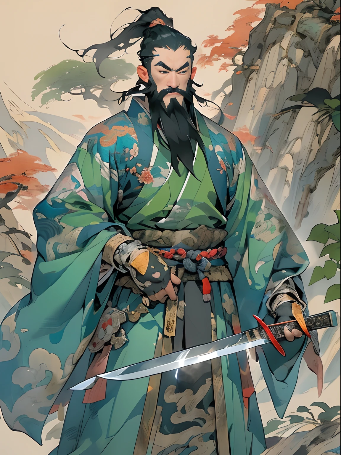 (((China-style，Ink painting method，Half-length portrait，Intense color，Han dynasty, China，Hanfu，Armor，Guan yu，Guan Yunchang，of a guy，Ruddy killing square face，Hold the Blue Dragon Moon Knife in his right hand，Stroke your beard with your left hand，Long hair，petty eyes，Green robe))), (((best qualityer))), (((tmasterpiece))), (((AS-Adult))), ((( Japanese ))), Look up from your knees, Handsome Asian samurai，perfect body figure, Modern samurai, ((( Asian))), Wear gloves on your hands，The left arm is made of steel and metal tips，Made of protective devices, The eyes are pulled, (( Appears below the chest )), (( Small dental floss )), Simon Bisley, Almost naked（Simon Bisley）Castle City Wilderness，For high-resolution posters, hair straight, Minimum clothing, armure (Crazy clothes ), Full of tips and rivets, tribal tattoos, (((full bodyesbian))), Straight brunette hair，Colored hair ends