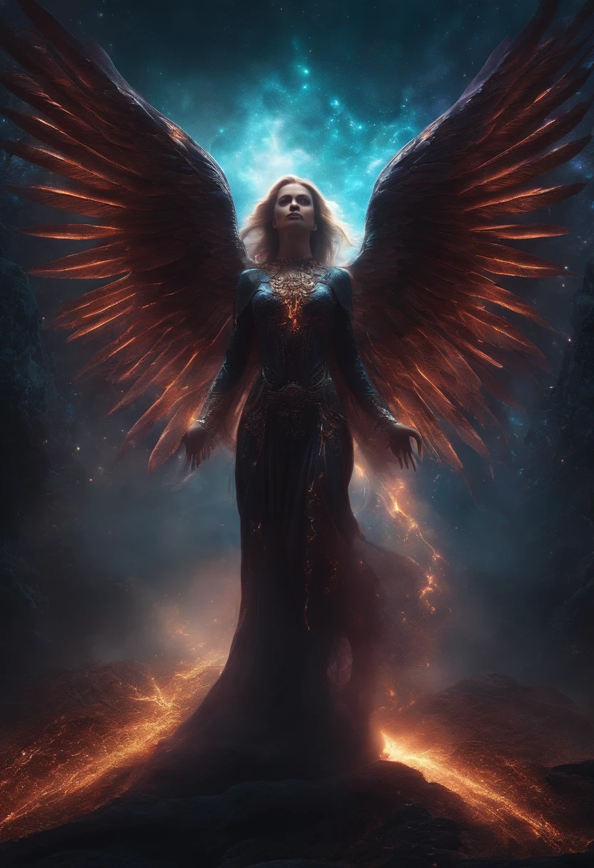 Cosmic Fallen Angel, glowing light eyes, Biomechanical, eerie, Creepy, nightmarish, Very bright colors, Light particles, with light glowing, Mshiff, wallpaper art, UHD wallpaper