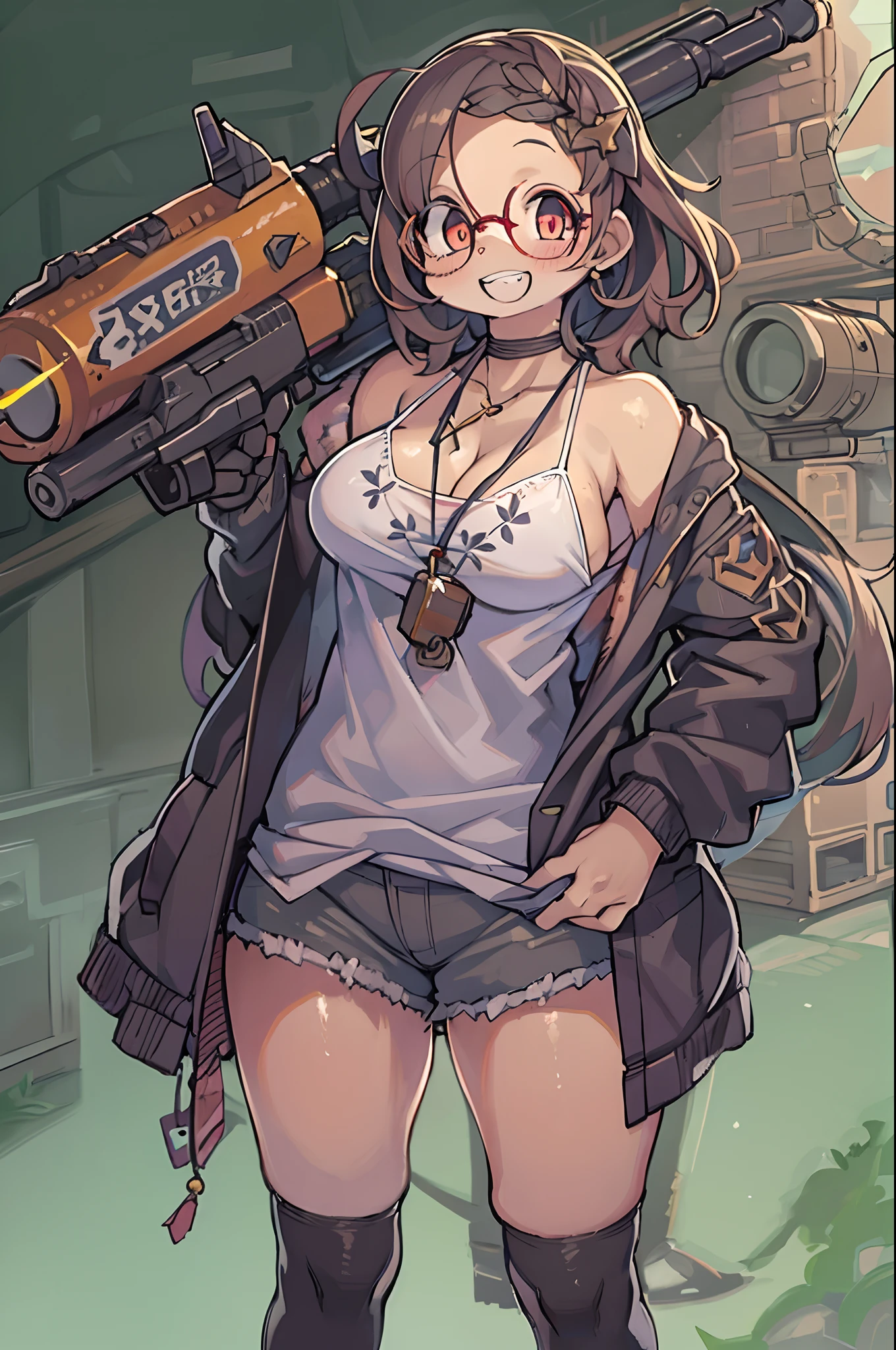 masutepiece, Best Quality, 1girl in, Sharp eyes, Smile,rocket launcher、big round glasses,Camisole、Jagged teeth
