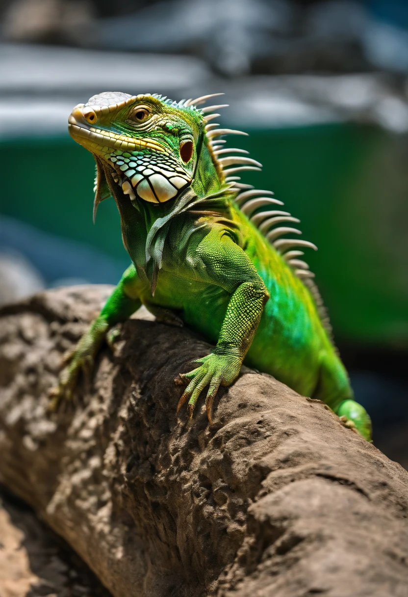 Adult green iguana,Body shape huge,stout,Half-body close-up,The backstab is long and pronounced,The skin is multicolored,sci-fy,cyber punk perssonage,Metallic color,the detail,High-definition Fujifilm color photo,The light from the back window is backlighted,8K,Near real and far virtual