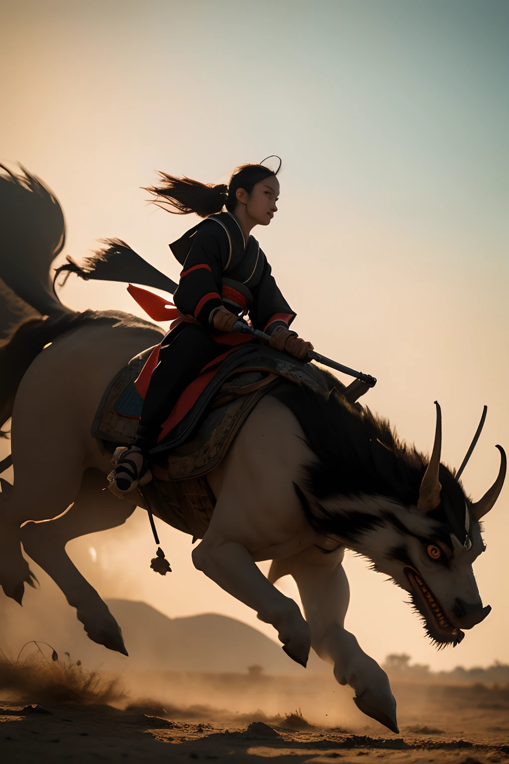 samurais，black-clad，Riding a monster，The background is the setting sun，evening light，4K Ultra HD, 超高分辨率, (Photorealistic: 1.4), Best quality，Masterpiece，Utra dilution，（pastel colour：1.2）