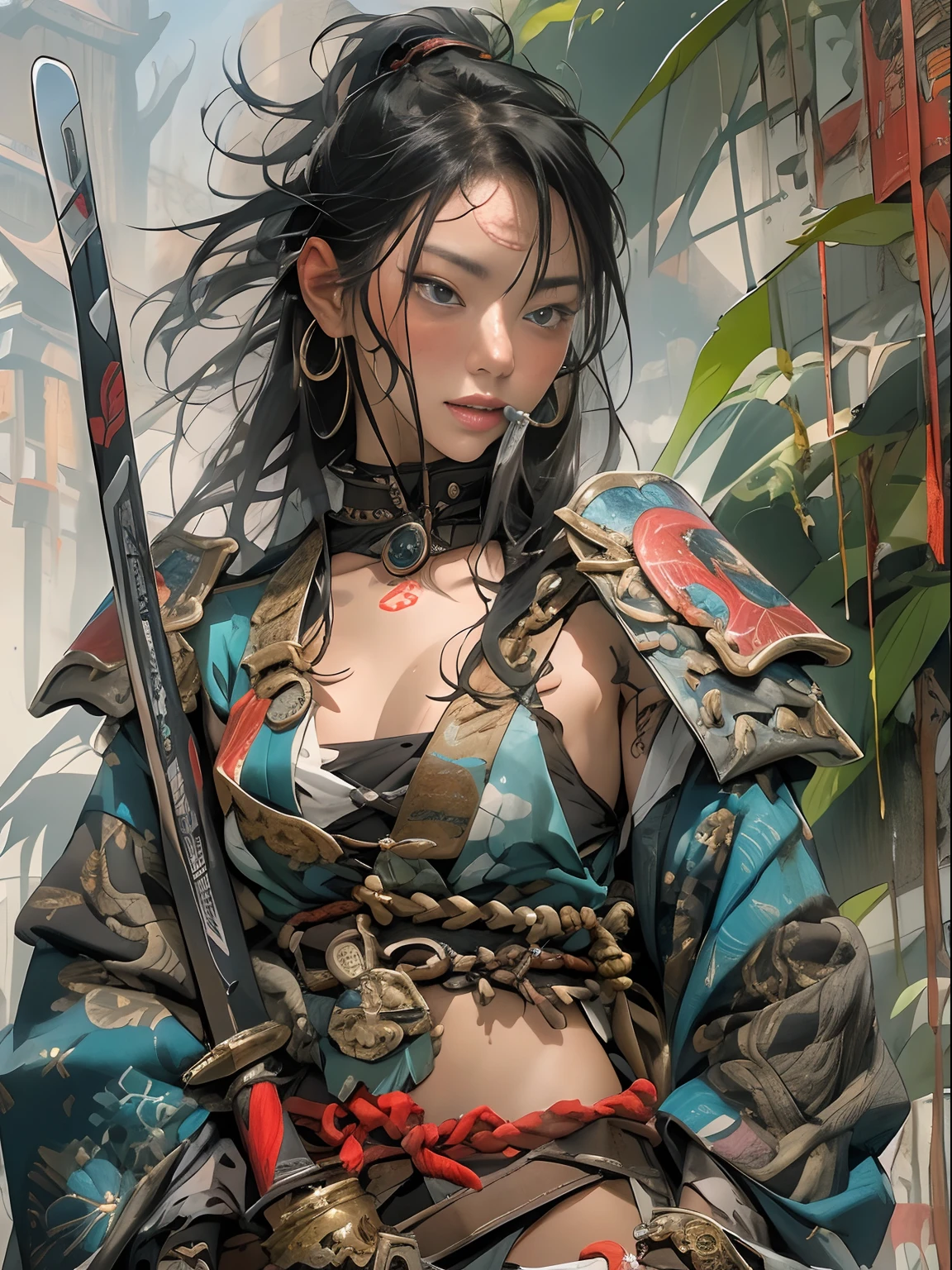 (((woman))), (((best qualityer))), (((tmasterpiece))), (((AS-Adult))), ((( Japanese ))), Look up from your knees, A beautiful asian samurai woman with perfect body, Modern samurai, ((( Asian))), Wear gloves on your hands,The left arm is made of steel and metal tips,Made of protective devices, The eyes are pulled, (( Appears below the breast )), (( Small dental floss )), Simon Bisley, Almost naked(Simon Bisley)Castle City Wilderness,For high-resolution posters, hair straight, Minimum clothing, armure (Crazy clothes ), Full of tips and rivets, tribal tattoos, (((full bodyesbian))), Straight brunette hair,Colored hair ends
