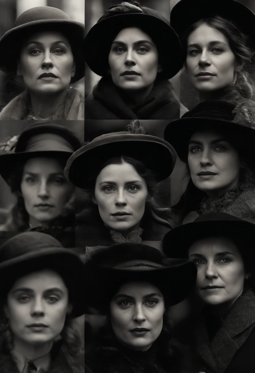 se muestra a 5 mujeres con Ropa hecha jirones, cansadas y agotadas, de pie en una calle oscura en Whitechapel, Londres, 1888, hyper-realistic, Foto realism, cinematography, --ar9:16, Detalles faciales: Alto, arte marino