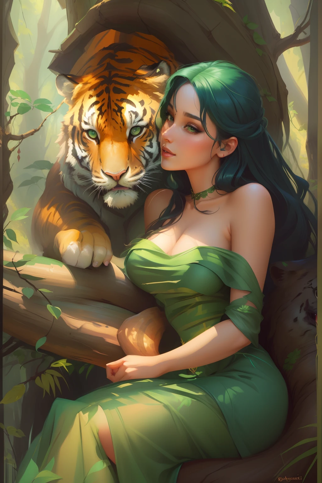 Picture of a beautiful woman in a green dress, sitting on a tree branch with a tiger, realistic fantasy illustration, fantasy art style, Anton Fadeev, loish and wlop, fantasy art behance, digital fantasy illustration, stunning digital illustration, detailed painting 4 k, fantasy art portrait, exquisite digital illustration, beautiful digital illustration, realistic fantasy painting, beautiful digital artwork