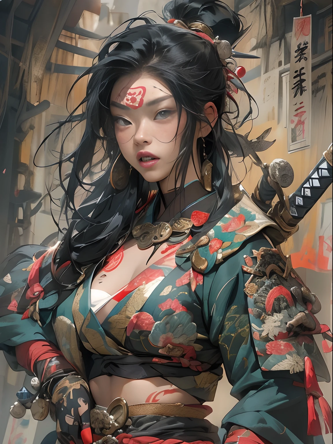 (((woman))), (((best qualityer))), (((tmasterpiece))), (((AS-Adult))), ((( Japanese ))), Look up from your knees, A beautiful asian samurai woman with perfect body, Modern samurai, ((( Asian))), Wear gloves on your hands,The left arm is made of steel and metal tips,Made of protective devices, The eyes are pulled, (( Appears below the breast )), (( Small dental floss )), Simon Bisley, Almost naked(Simon Bisley)Castle City Wilderness,For high-resolution posters, hair straight, Minimum clothing, armure (Crazy clothes ), Full of tips and rivets, tribal tattoos, (((full bodyesbian))), Straight brunette hair,Colored hair ends