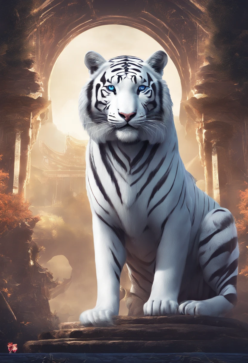 Chinese mythology，the white tiger，with light glowing，Glow effects，the night，中景 the scene is，Full body like， highly detailed surreal vfx，oc rendered，Shoot with 70 mm - AR