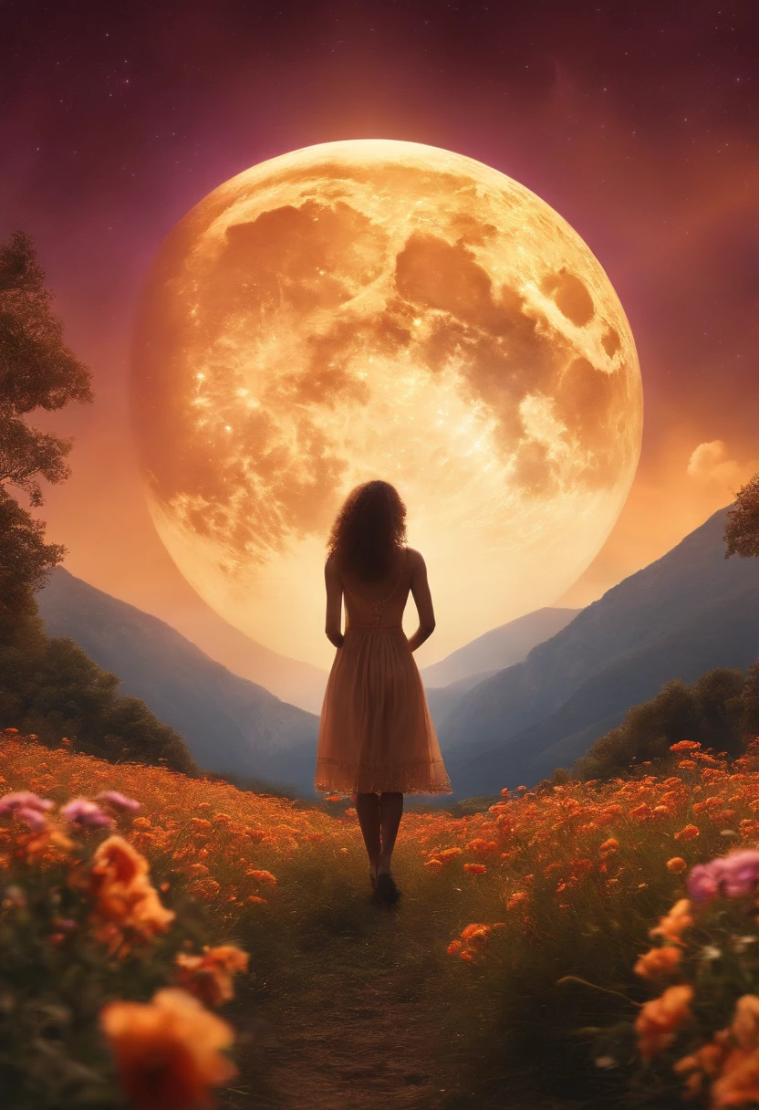 Vast landscape photo, (viewed from below, the sky is above and the open field is below), a girl standing on a flower field looking up, (full moon: 1.2), (meteor: 0.9), (nebula: 1.3), distant mountains , Trees BREAK Crafting Art, (Warm Light: 1.2), (Fireflies: 1.2), Lights, Lots of Purple and Orange, Intricate Details, Volumetric Lighting, Realism BREAK (Masterpiece: 1.2), (Best Quality), 4k, Ultra-Detailed, (Dynamic Composition: 1.4), Very Detailed, Colorful Details, (Rainbow Colors: 1.2), (Glow Lighting, Atmospheric Lighting), Dreamy, Magical, (Solo: 1.2)