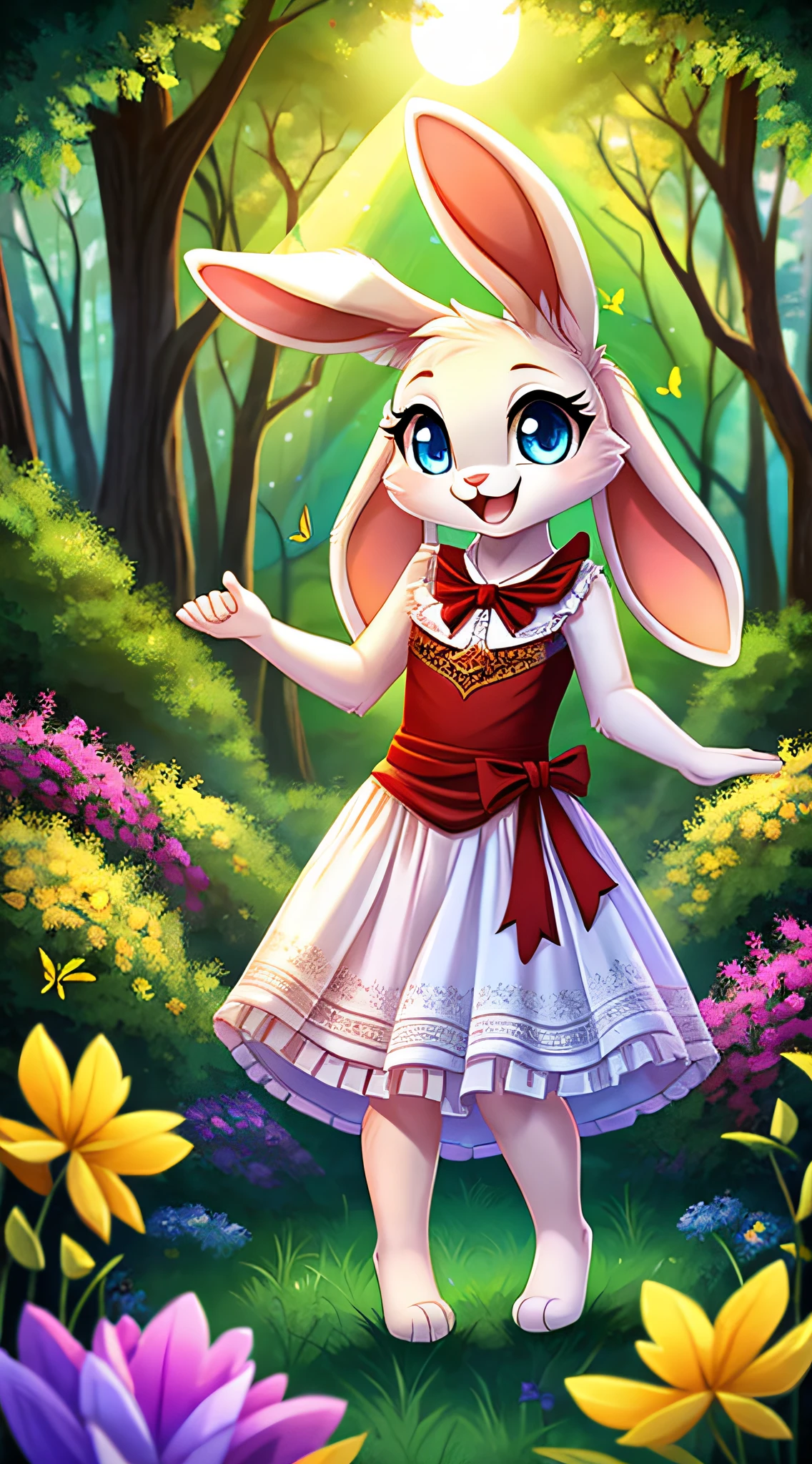 zoomed out image, fantasy style art, cute, adorable, small and tiny little fluffy female white bunny with blue eyes, big floppy ears, long ears, ears perked up, raised ears, long eyelashes, wearing a red frilly ribbon dress, smiling, standing in a forest, big expressive smile, open mouth, wide eyes, excited eyes, excited face, stunning visuals, sun coming through the trees, butterflies, colorful flowers, digital illustration