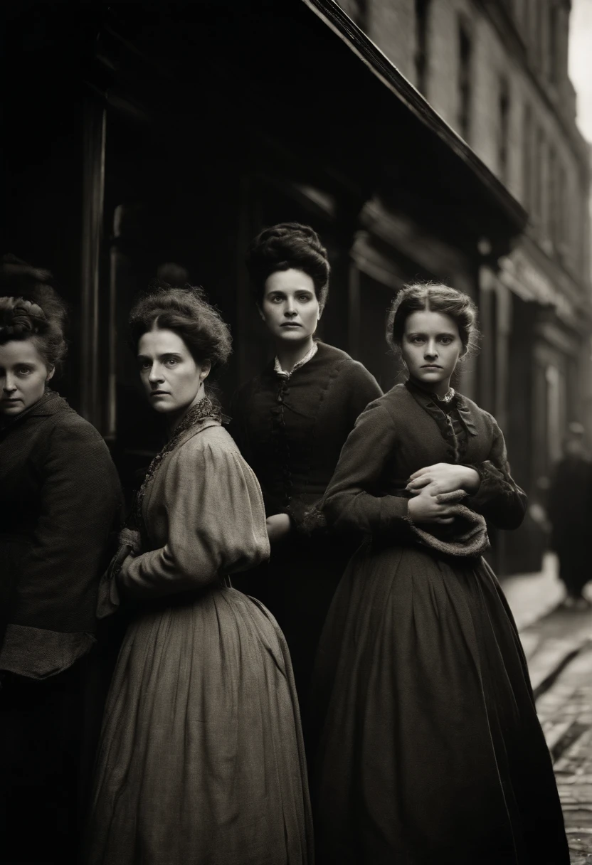 se muestra a 5 mujeres con Ropa hecha jirones, cansadas y agotadas, de pie en una calle oscura en Whitechapel, Londres, 1888, hyper-realistic, Foto realism, cinematography, --ar9:16, Detalles faciales: Alto, arte marino