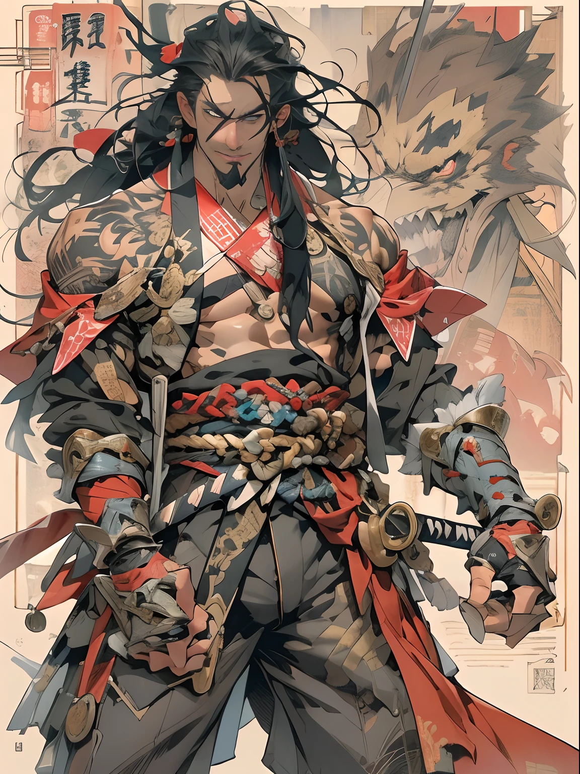 (((mtu))), (((best qualityer))), (((tmasterpiece))), (((AS-Adult))), ((( Japanese ))), Look up from your knees, Handsome Asian samurai,perfect body figure, Modern samurai, ((( Asian))), Wear gloves on your hands,The left arm is made of steel and metal tips,Made of protective devices, The eyes are pulled, (( Appears below the chest )), (( Small dental floss )), Simon Bisley, Almost naked(Simon Bisley)Castle City Wilderness,For high-resolution posters, hair straight, Minimum clothing, armure (Crazy clothes ), Full of tips and rivets, tribal tattoos, (((full bodyesbian))), Straight brunette hair,Colored hair ends