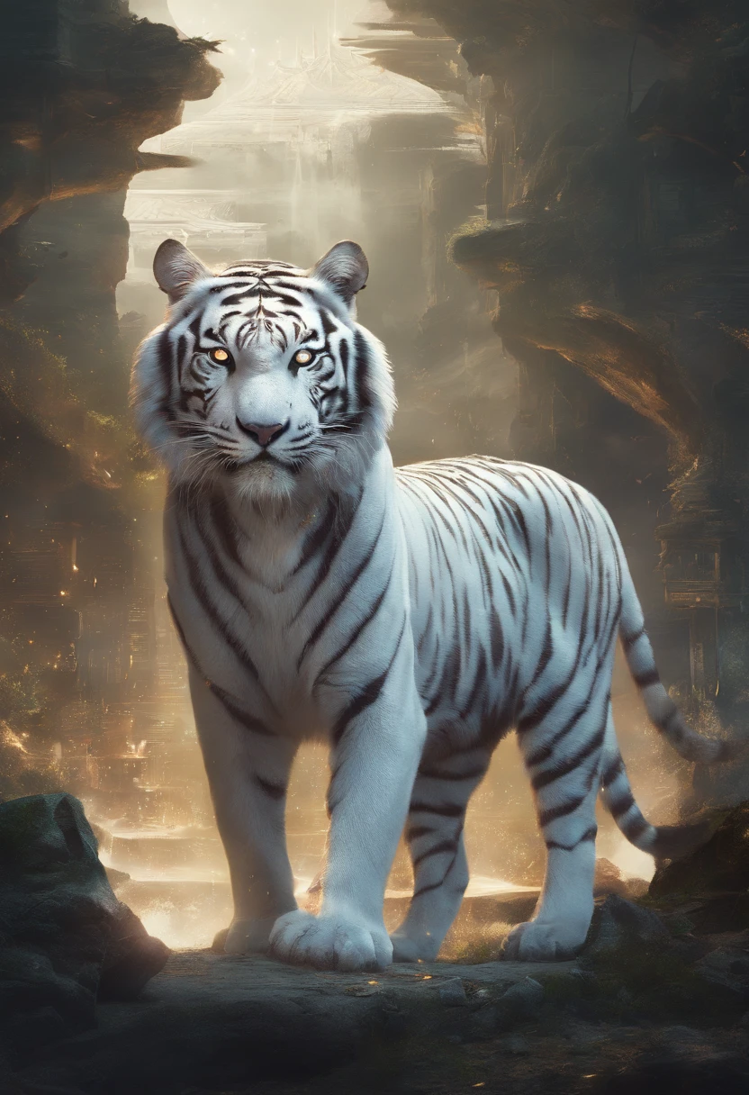 Chinese mythology，the white tiger，divinity，ferocious，gargantuan，with light glowing，Glow effects，the night，中景 the scene is，Full body like， highly detailed surreal vfx，oc rendered，Shoot with 70 mm - AR