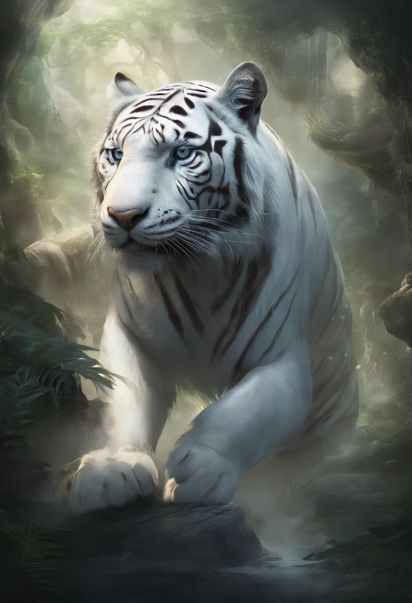 Chinese mythology，the white tiger，divinity，ferocious，gargantuan，with light glowing，Glow effects，the night，中景 the scene is，Full body like， highly detailed surreal vfx，oc rendered，Shoot with 70 mm - AR