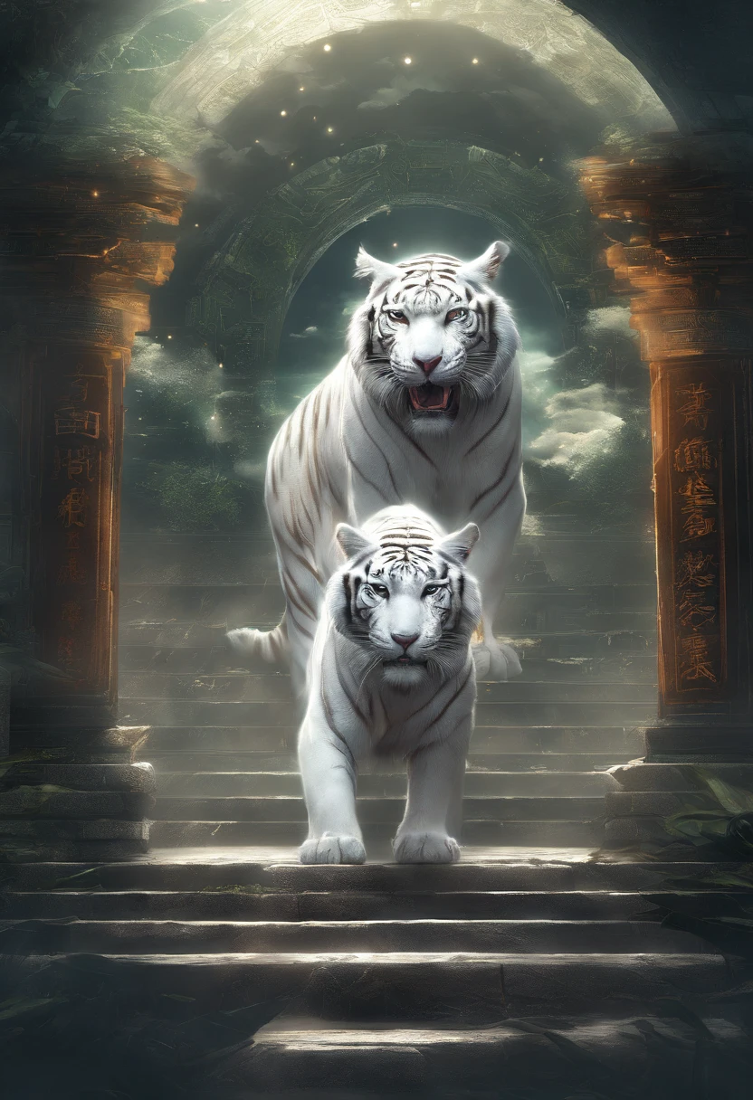 Chinese mythology,the white tiger,divinity,ferocious,gargantuan,with light glowing,Glow effects,the night,中景 the scene is,Full body like, highly detailed surreal vfx,oc rendered,Shoot with 70 mm - AR