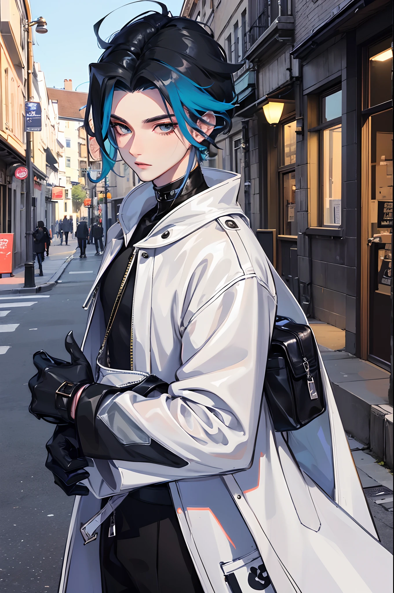 topquality　tmasterpiece, Handsome guy, Guy, Young man, Unusual hairstyle with shaved temples, colored strands of hair, in fashionable streetwear, Modern fashion, oversize clothes, Cool Look, Unusual viewing angle, Dynamic posture, in full height, Background: Beautiful streets of the city, Realistic beautiful lighting