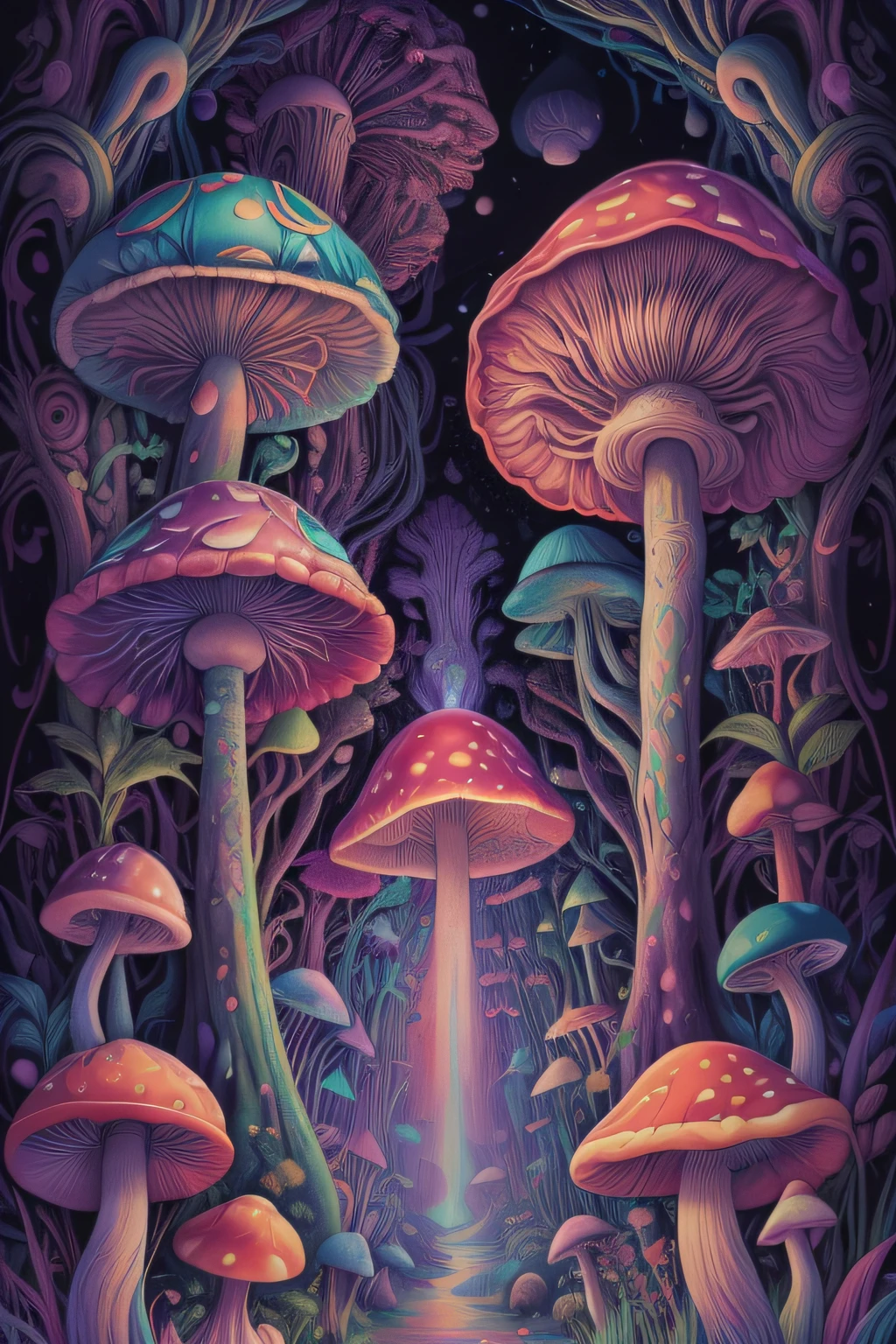 Generate a psychedelic and surreal wallpaper featuring hallucinogenic mushrooms. Create an otherworldly and mind-bending visual experience that immerses the viewer in a fantastical realm of vibrant colors, intricate patterns, and a sense of surreal wonder.