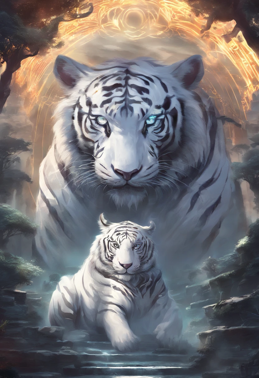 Chinese mythology,the white tiger,with light glowing,Glow effects,the night,中景 the scene is,Full body like, highly detailed surreal vfx,oc rendered,