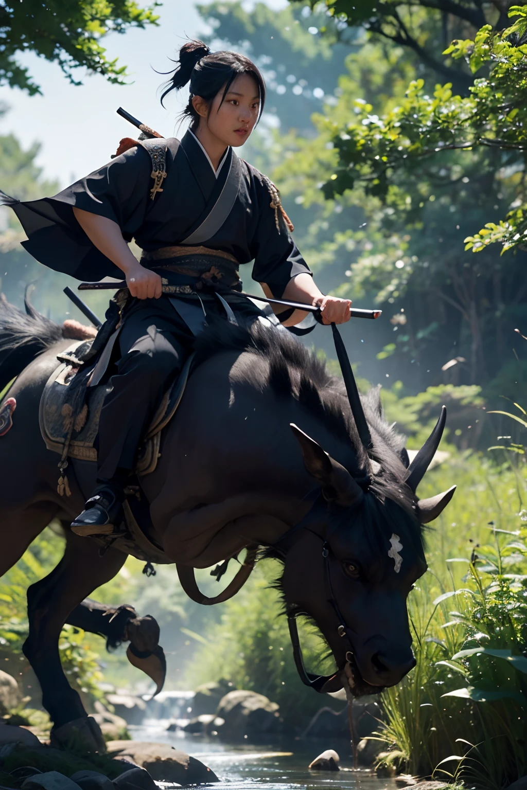 samurais，black-clad，Riding a monster，The background is forest，waterfallr，4K Ultra HD, 超高分辨率, (Photorealistic: 1.4), Best quality，Masterpiece，Utra dilution，（pastel colour：1.2）