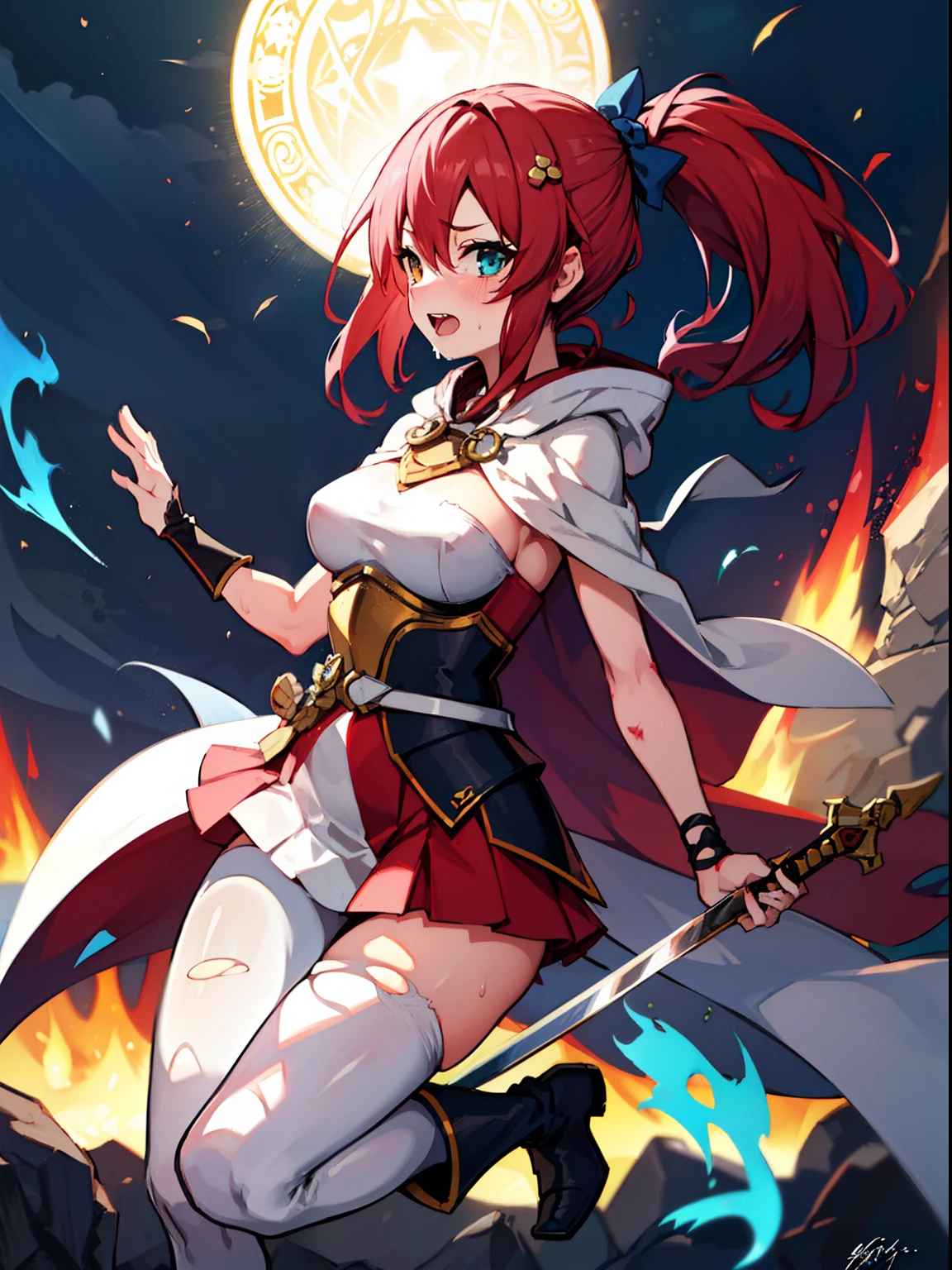((masutepiece:1.4, Best Quality)),((masutepiece, Best Quality)),Night,Cute girl standing,Hoodie,(Brown Fine Shorthair),blush,Smile,(depth of fields:1.3),Portrait,(Night view),Upper body,light Particle, masutepiece, Best Quality, 1girl in, Solo, ,arma, (((Sword))), Cape, Ponytail, Open mouth, pantyhose, fixed, (holding weapon),, armor, (((holding swords))), long boots, Holding, breastplates, Bracelet, signature, Thigh boots, thighs thighs thighs thighs, Looking at Viewer, Jewelry, Upper thighs in pantyhose, Bow., medium breasts, Sweating, Looking at Viewer,Blue eyes. (((Red hair))), Green dress, Side view, Full body,masutepiece, Best Quality, hight resolution, Sweating, blush, angry, Perfect body, Torn clothes, Crying, Shout loud,NSFW,Battle Damage, tiny waist, Curvaceous body shape, Torn clothes,Sweat,perspired,Drooling,YunaFFX, Heterochromia,, Hair Ornament,,1girl in, Komono, Ponytail , (((Magic Circle, blue fire, blue flames))), Wallpaper, landscape, Blood, blood splashing, depth of fields, Night, light Particle, llight rays, side lights, thighs thighs thighs thighs, Fate \(Series\), GenshinImpact, ****, thighs thighs thighs thighs, cloud,(((Hand up))), [[Outstretched arms]], outstretched hand,(Arm up), Bare arms,,✋,