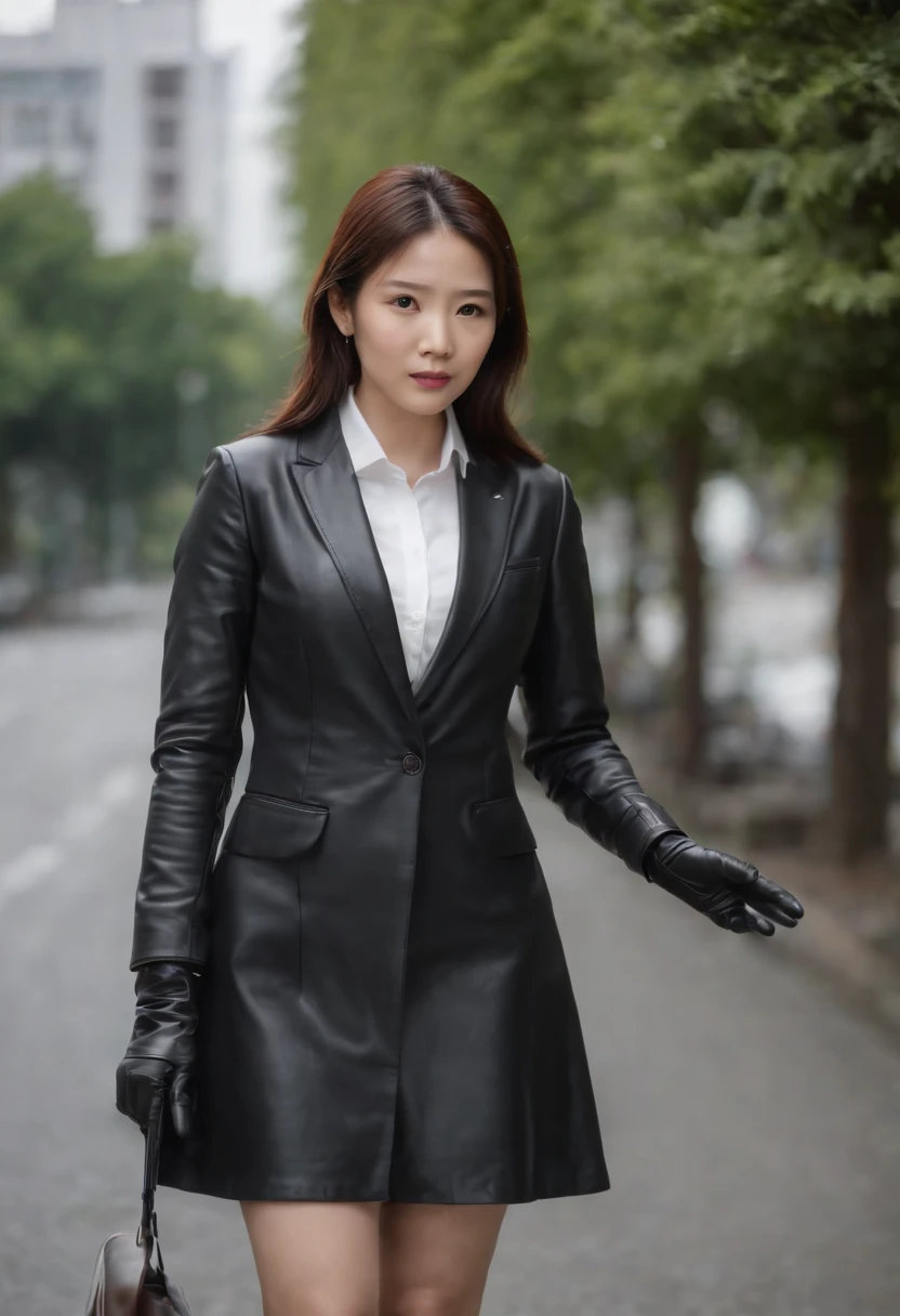 Wearing a suit　Job hunting　Black leather gloves　long boots　Women in Japan