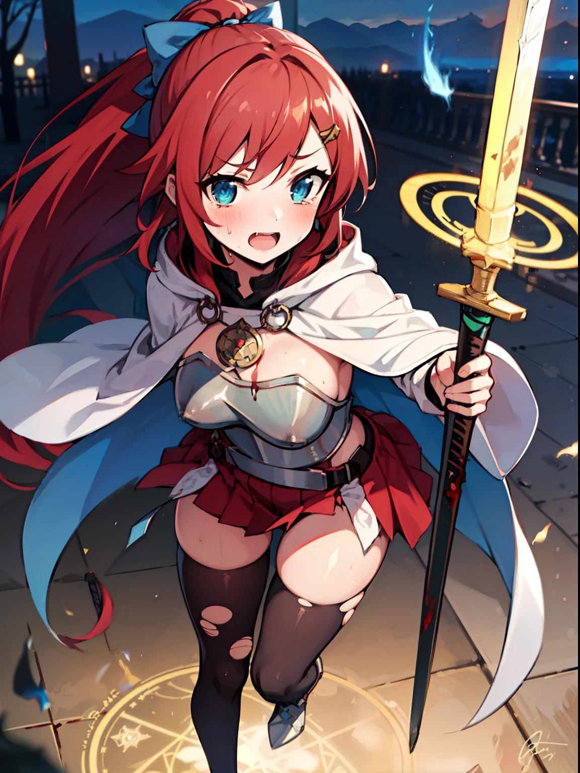 ((masutepiece:1.4, Best Quality)),((masutepiece, Best Quality)),Night,Cute girl standing,Hoodie,(Brown Fine Shorthair),blush,Smile,(depth of fields:1.3),Portrait,(Night view),Upper body,light Particle, masutepiece, Best Quality, 1girl in, Solo, ,arma, (((Sword))), Cape, Ponytail, Open mouth, pantyhose, fixed, (holding weapon),, armor, (((holding swords))), long boots, Holding, breastplates, Bracelet, signature, Thigh boots, thighs thighs thighs thighs, Looking at Viewer, Jewelry, Upper thighs in pantyhose, Bow., medium breasts, Sweating, Looking at Viewer,Blue eyes. (((Red hair))), Green dress, Side view, Full body,masutepiece, Best Quality, hight resolution, Sweating, blush, angry, Perfect body, Torn clothes, Crying, Shout loud,NSFW,Battle Damage, tiny waist, Curvaceous body shape, Torn clothes,Sweat,perspired,Drooling,YunaFFX, Heterochromia,, Hair Ornament,,1girl in, Komono, Ponytail , (((Magic Circle, blue fire, blue flames))), Wallpaper, landscape, Blood, blood splashing, depth of fields, Night, light Particle, llight rays, side lights, thighs thighs thighs thighs, Fate \(Series\), GenshinImpact, ****, thighs thighs thighs thighs, cloud,(((Hand up))), [[Outstretched arms]], outstretched hand,(Arm up), Bare arms,,✋,