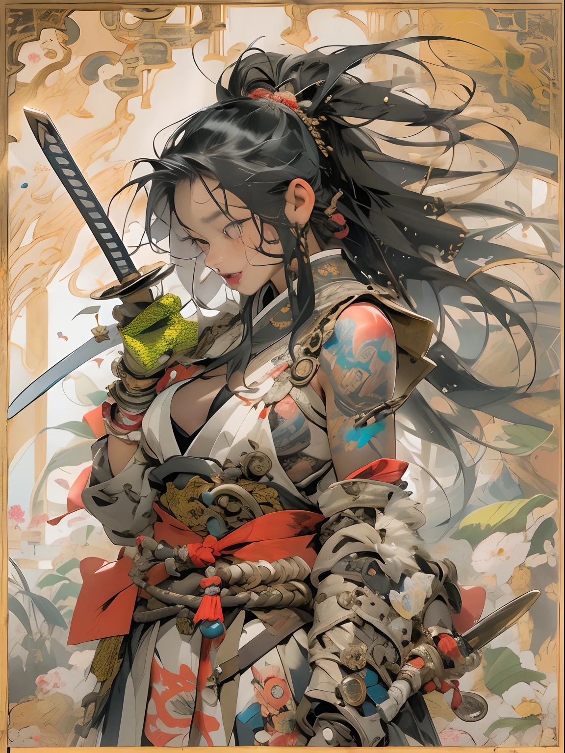 (((woman))), (((best qualityer))), (((tmasterpiece))), (((AS-Adult))), ((( Japanese ))), Look up from your knees, A beautiful asian samurai woman with perfect body, Modern samurai, ((( Asian))), Wear gloves on your hands，The left arm is made of steel and metal tips，Made of protective devices, The eyes are pulled, (( Appears below the breast )), (( Small dental floss )), Simon Bisley, Almost naked（Simon Bisley）Castle City Wilderness，For high-resolution posters, hair straight, Minimum clothing, armure (Crazy clothes ), Full of tips and rivets, tribal tattoos, (((full bodyesbian))), Straight brunette hair，Colored hair ends