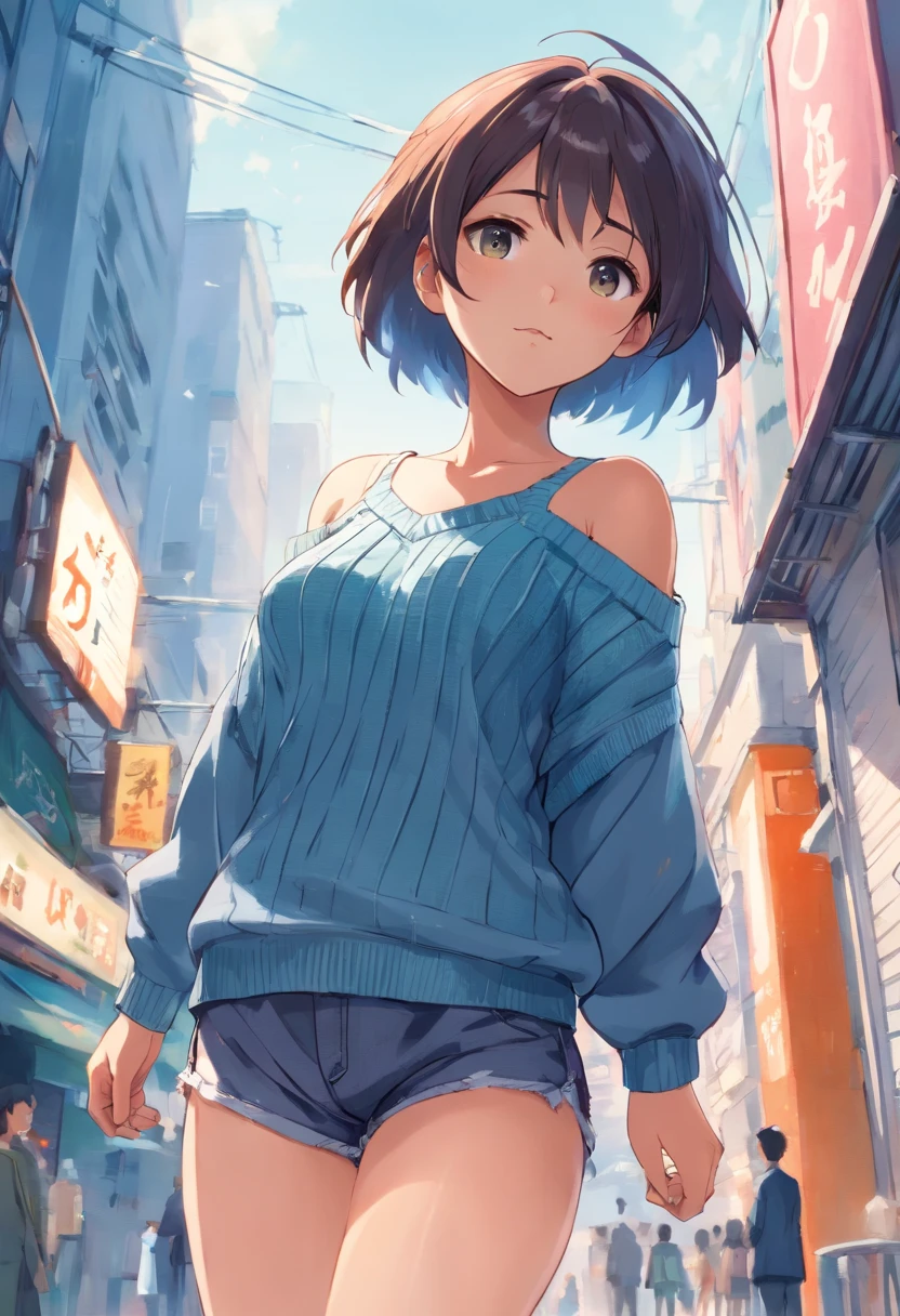 (), huge tit,(masutepiece), Best Quality, Extremely detailed, (watercolor paiting), bloom, Delicate and beautiful, Illustration, (From below),(1girl in:1.4), (Solo:1.2), Large breasts, (Ribbed sweater:1.3), off-the-shoulder sweater, (Short shorts:1.2), Bare shoulders, (underboob), ((Dark skin:0.8)), Beautiful eyes, (disheveled hair ), Photography, over-the-shoulder shot, by Alex Maleev, Professional, Canon Camera, Nikon Camera, sharp, Bokeh, Studio Quality, fish-eye lens, by Robert Capa ,