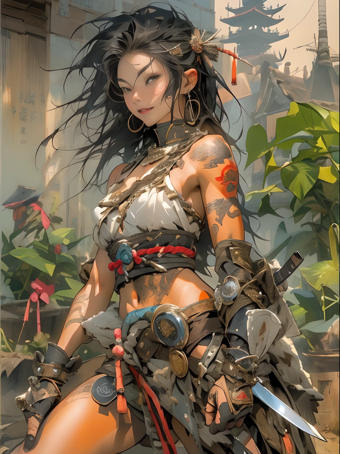 (((woman))), (((best qualityer))), (((tmasterpiece))), (((AS-Adult))), ((( Japanese ))), Look up from your knees, A beautiful asian samurai woman with perfect body, Modern samurai, ((( Asian))), Wear gloves on your hands,The left arm is made of steel and metal tips,Made of protective devices, The eyes are pulled, (( Appears below the breast )), (( Small dental floss )), Simon Bisley, Almost naked(Simon Bisley)Castle City Wilderness,For high-resolution posters, hair straight, Minimum clothing, armure (Crazy clothes ), Full of tips and rivets, tribal tattoos, (((full bodyesbian))), Straight brunette hair,Colored hair ends