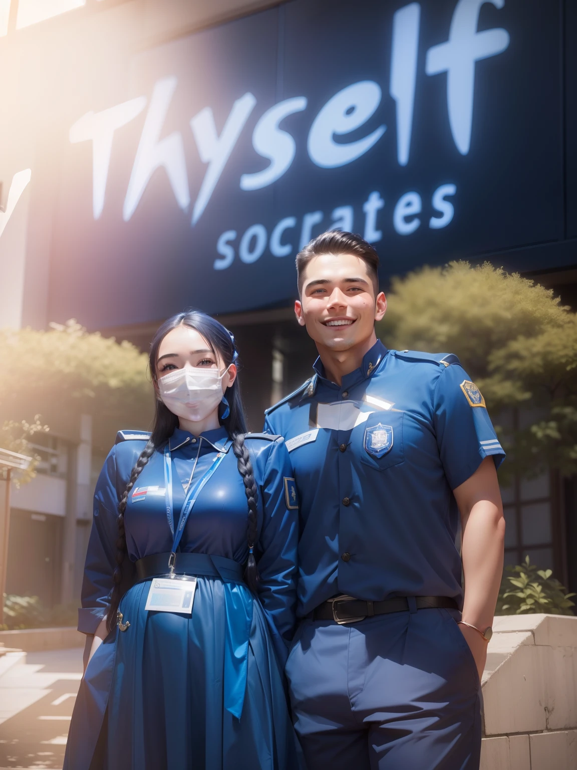 A cute girl standing with her boyfriend, both of them wearing deep blue uniform, smiling and shining face, realistic face, 8k