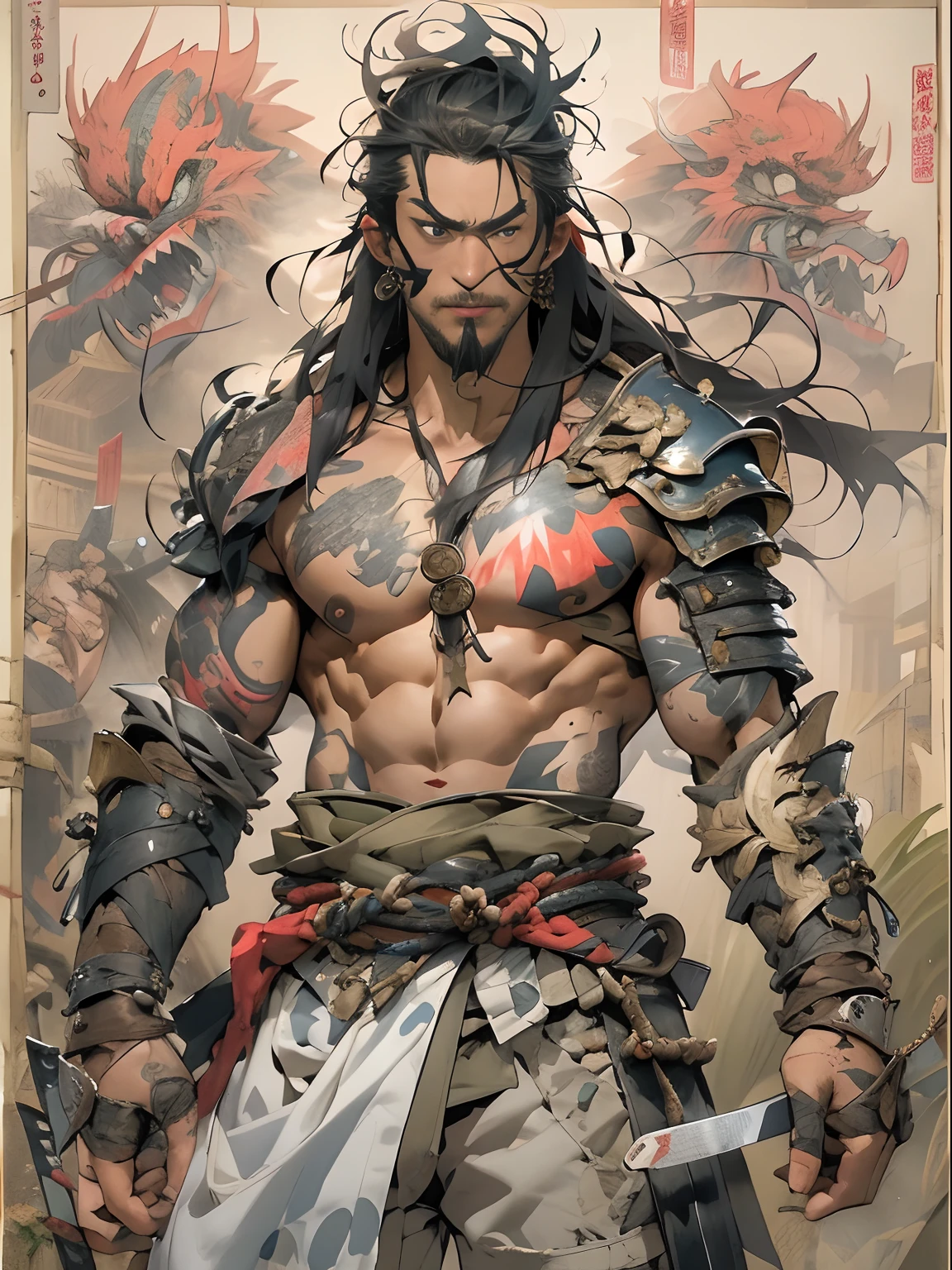 (((mtu))), (((best qualityer))), (((tmasterpiece))), (((AS-Adult))), ((( Japanese ))), Look up from your knees, Handsome Asian samurai,perfect body figure, Modern samurai, ((( Asian))), Wear gloves on your hands,The left arm is made of steel and metal tips,Made of protective devices, The eyes are pulled, (( Appears below the chest )), (( Small dental floss )), Simon Bisley, Almost naked(Simon Bisley)Castle City Wilderness,For high-resolution posters, hair straight, Minimum clothing, armure (Crazy clothes ), Full of tips and rivets, tribal tattoos, (((full bodyesbian))), Straight brunette hair,Colored hair ends