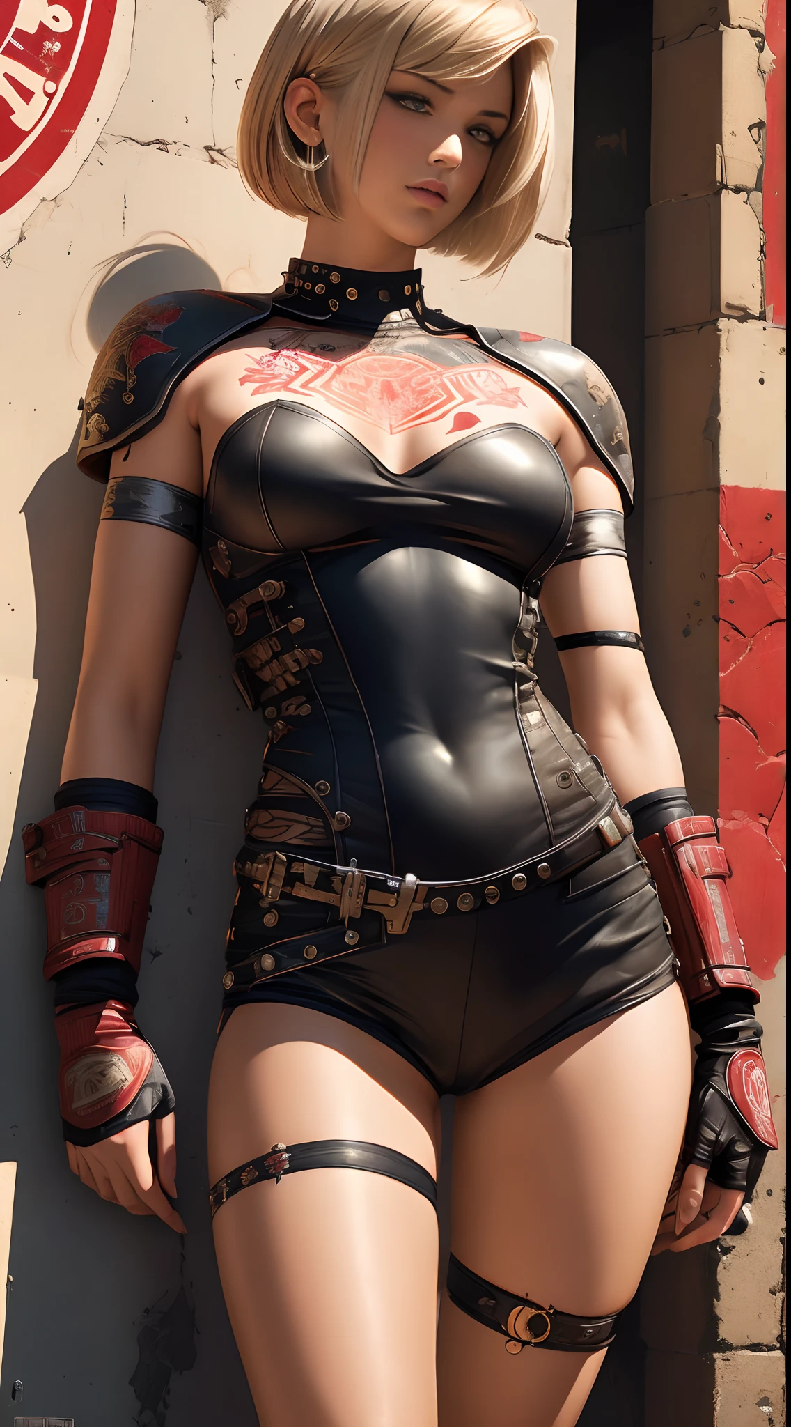 ((top-quality、8K、32K、​masterpiece、nffsw:1.3)), (superfine illustration)、(超A high resolution), (((adult body))), (((1girl in))), ((( Bob Shorthair ))), 25-year-old cyberpunk gladiator with a perfect body, Shoulder pads with metal spines, Gladiadores in Brooklyn, (( Bob Shorthair )), Small leather panties, Torn rugby team shirt, Almost naked in Simon Bisley's urban savage style, short blond hair, Minimum clothing, Metal protection on the left arm with complex graphics, Dark red with white stars and blue and white stripes, s Armor, Full of tips and rivets, Poison tattoo (((Image from the knee up))), short white blonde hair, In the background、 There is a wall with an intricate design painted by Shepard Fairey