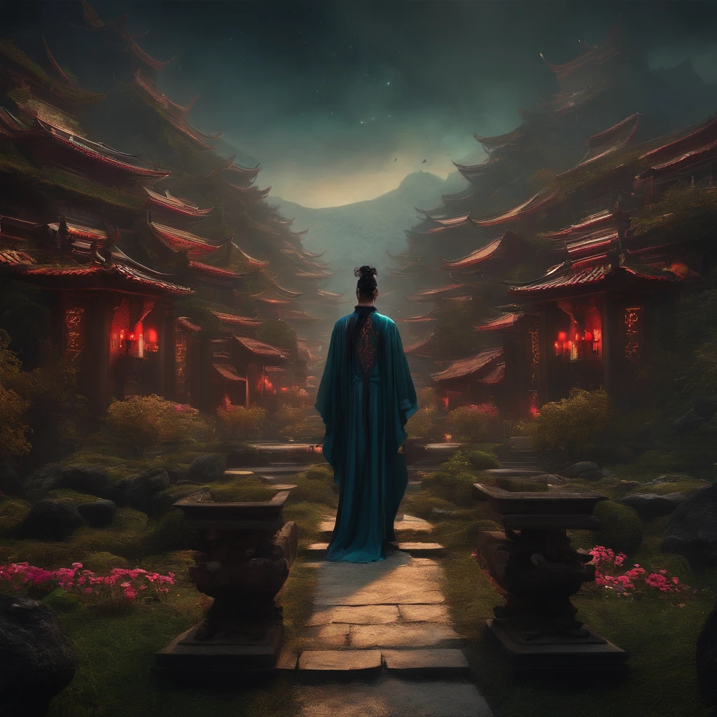 cyber punk perssonage,Taoist robes,cultivating immortals,water ink,High hills,self-assured,Fairy wind road bone,Blood flow in the background