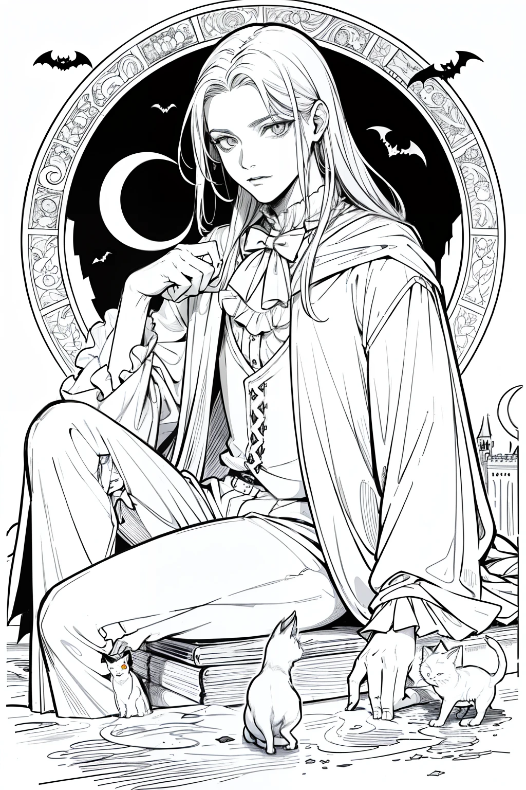 Obra maestra, superlativo, young vampire male, solamente, Halloween , castle fondo blanco, monocromo, line drawing, ((bosquejo)), spooky, white cat with white eyes, white eyes