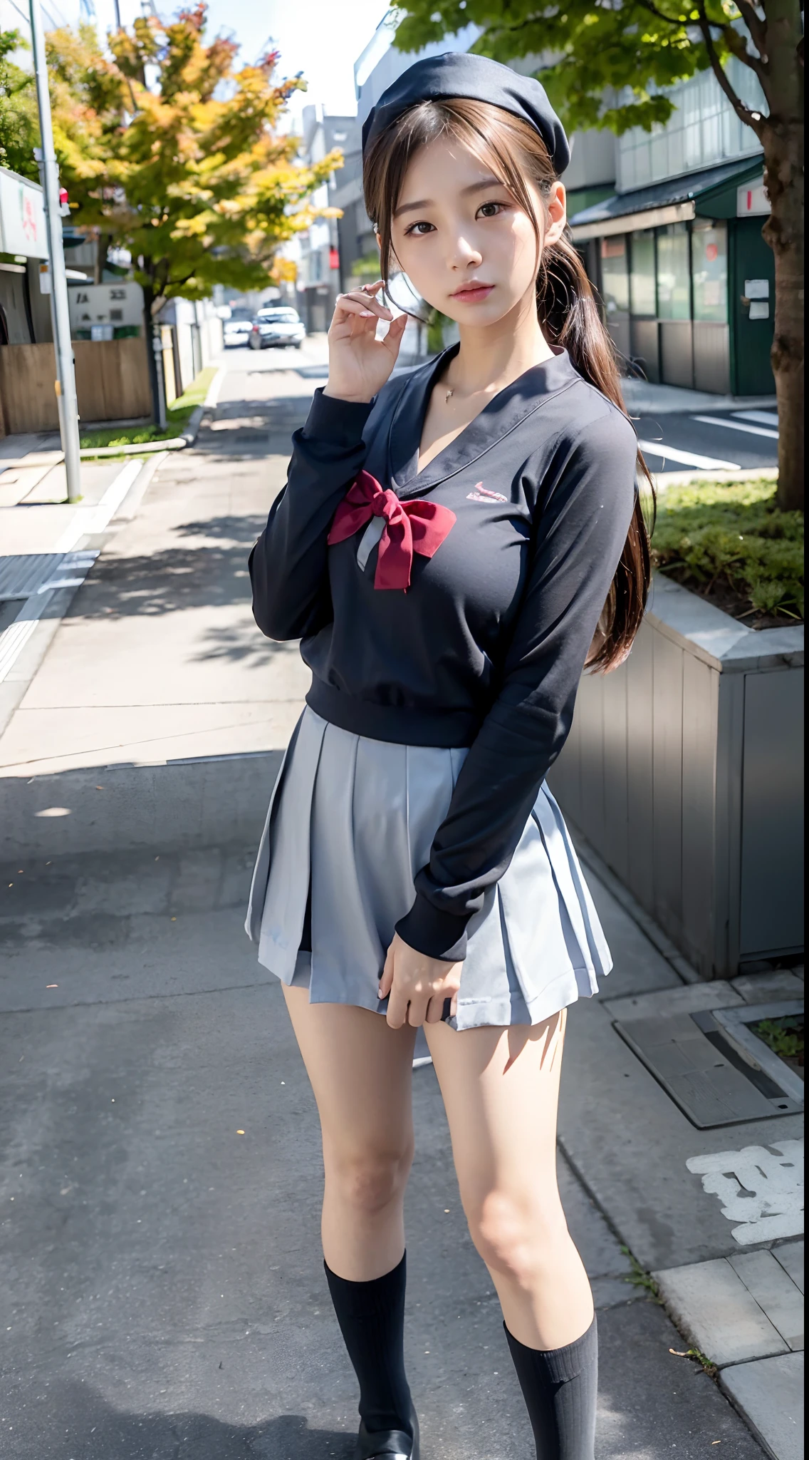 Hires, 1girl, 18yo, (adult body), (adult body ratio), cute school girl, Japanese uniform, (standing), (wind blowing skirt), wearing Japanese, surreal high school girl, looking down, looking at the viewer, shot from below, (cameltoe), (white underwear), (blushed face), (detailed skin)