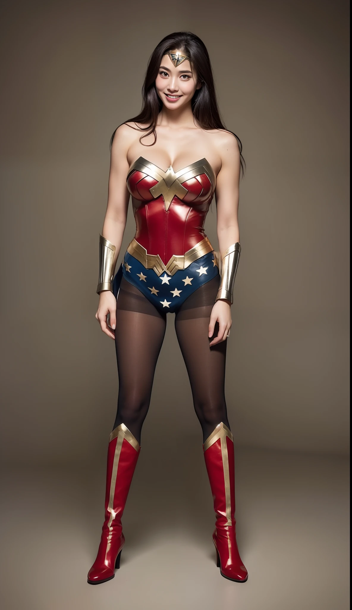 (((Make the most of the original image)))、(((Wonder Woman Costume)))、(((lustrous dark hair)))、(((Suffering)))、(((Feet must necessarily be worn with black tights)))、(((Smile)))、(((You need to wear red boots)))、((Top image quality、8K))、((top-quality、8K、masterpiece:1.3))、Crisp focus:1.2、Beautiful woman with perfect body shape:1.4、Slender Abs:1.2、((layers-Cut、large boob:1.2))、a wet body:1.5、Highly detailed facial and skin texture、