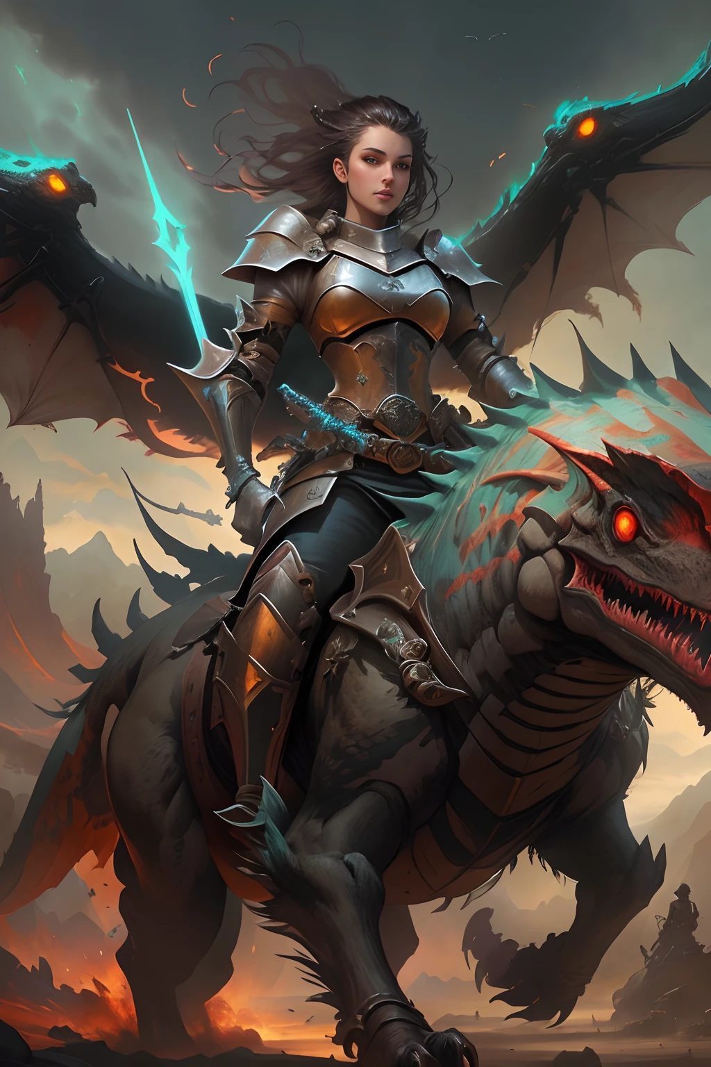 Lady Knight，eyes glowing，Ride on a giant monster, Ride monsters, Epic fantasy digital art style, epic fantasy sci fi illustration, Epic fantasy art style, Epic fantasy art style HD, epic full color illustration, inspired by Aleksi Briclot, riding a cyborg raptor, epic fantasy card game art, Epic fantasy style art, epic fantasy illustration, epic rpg artwork