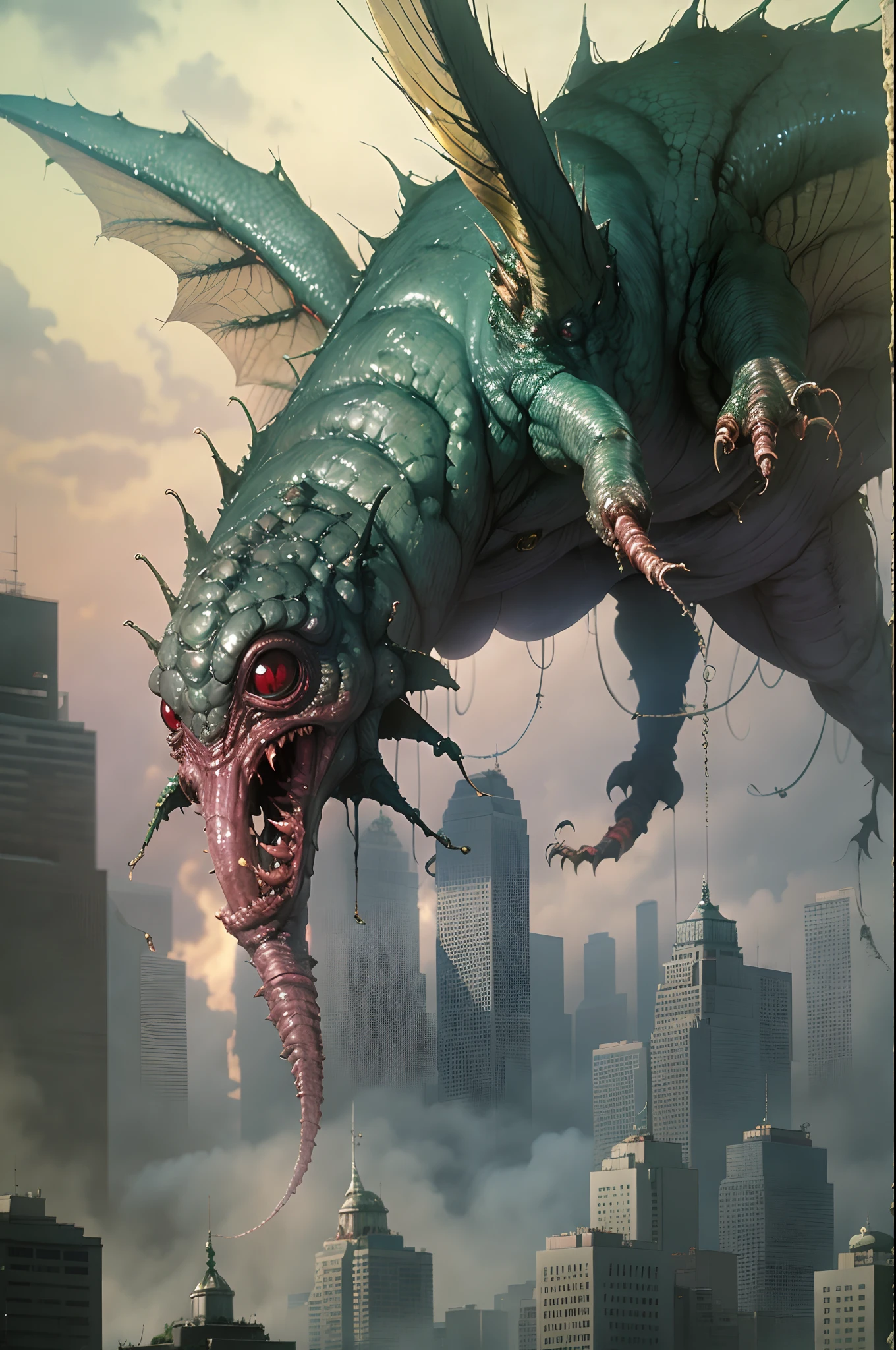 fx-monsters creepy worm creature, analog film,Huge monsters that destroy the city,Disgusting wings,Lots of eyes