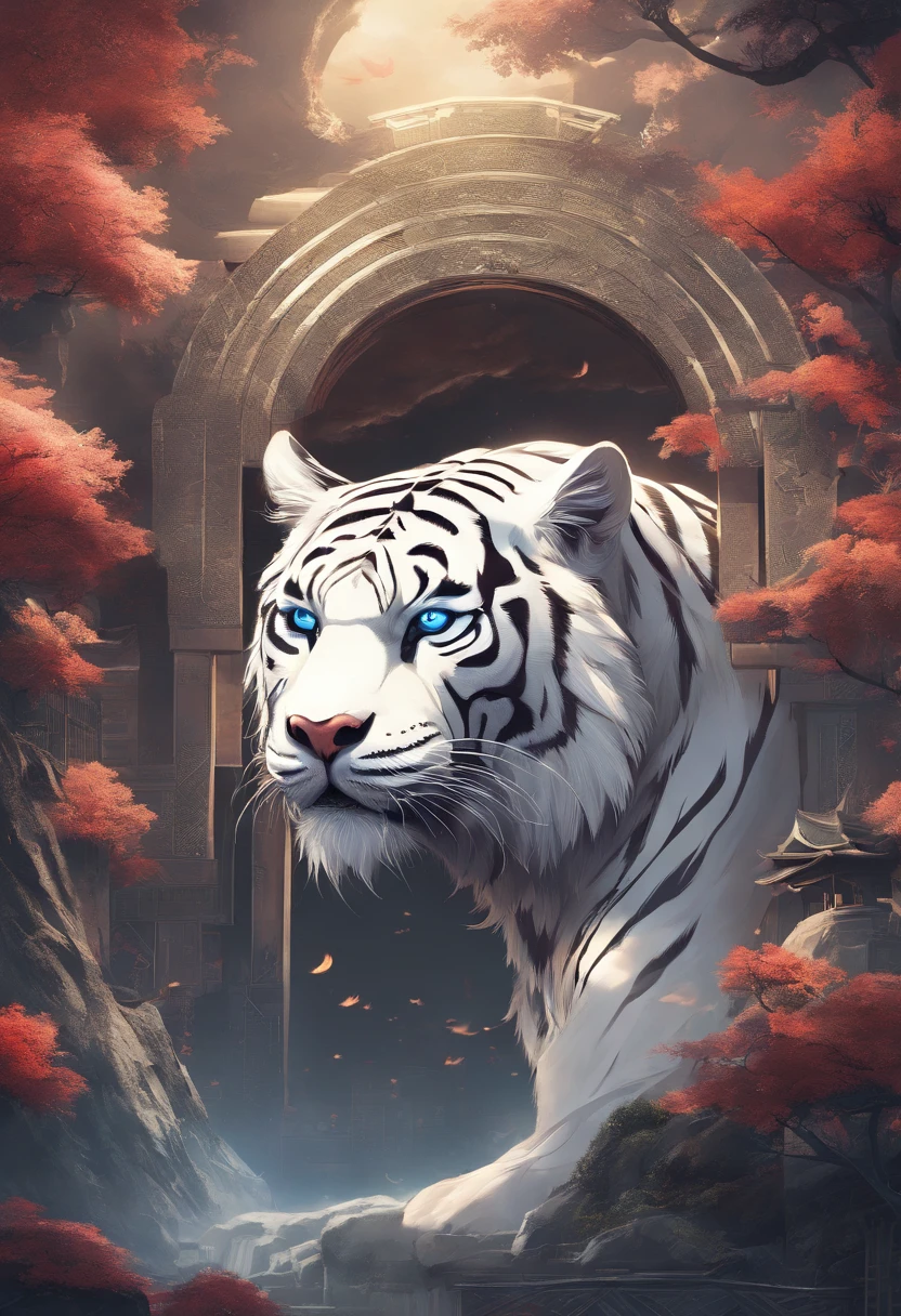 China-style，Chinese mythology，the white tiger，divinity，Ferocious，gargantuan，with light glowing，Glow effects，the night，中景 the scene is，Full body like， highly detailed surreal vfx，oc rendered， - AR 16:9 --q 2 --s 1000