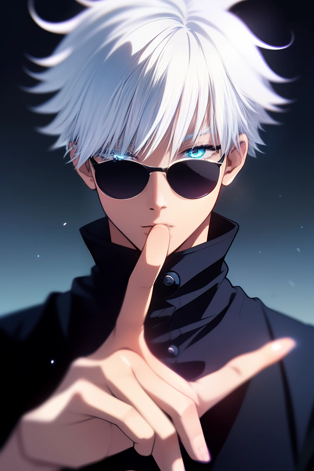 ((High detail、Cinematic lighting))、Messy white hair、aquamarine Eyes、White eyelashes、god light、Ray tracing、shadowing、Optical illusion、The upper part of the body、Looking at the camera、Masterpiece、((Super detail、Best quality、8K))、jujutsu kaisen、Gojo Gojo、Black attire、Surgery begins、Perfect black background、serene look、formidable presence、Enigmatic Atmosphere、(Strange moonshine、Ominous Shadows、 Intense Blue Aura、 Rich red glow、Symbolizes the power around him、Radiating Magical Energy、Mystical Artifacts、Ether-like granules、dynamicposes、epic soundtrack、(((The detailed hand)))、sunglass